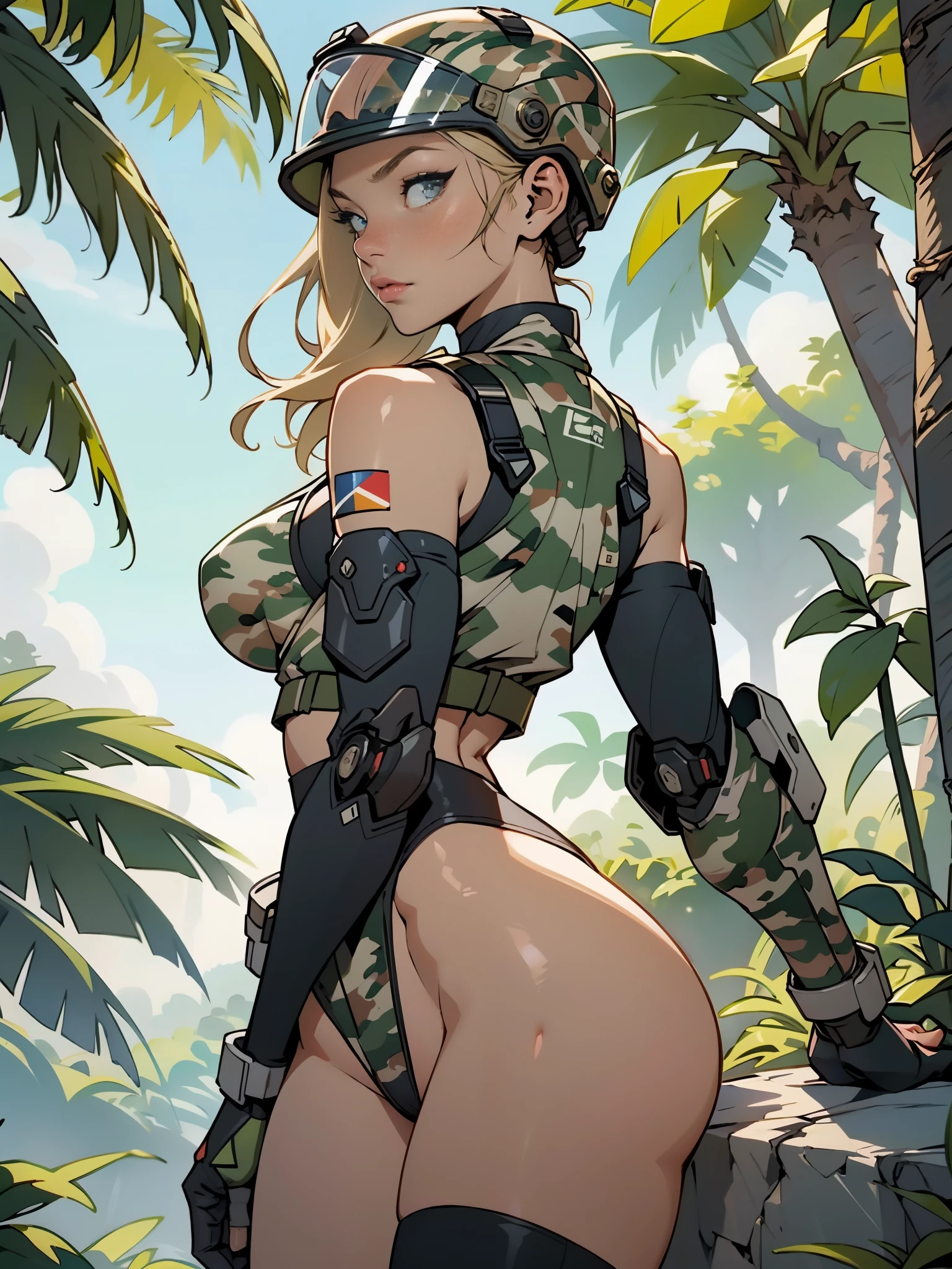 1woman 20 years old, max resolution, sculpted, military, wearing a soldier helmet, beautiful, perfect body, blonde hair, blue eyes, perfect body, thin waist, wide hips, large breasts, slim thighs, jungle background, armored vehicle, military robot dog, camouflaged uniform, tight panties, two-piece, highly detailed, high resolution, perfect hands, rear view, camo, from behind, bare shoulders