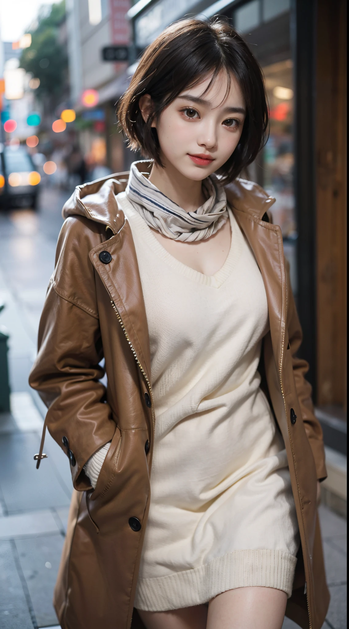 Japan pretty women、1 persons,Super clean and slender、Excellent style  、An ultra-high picture quality、extremely delicate face, Skin and hair、Short-cut hair、Trailing hair,light brown hair、((Chester coat x knit dress)),long boots、Hide your chest with your arms、Shibuya、8k picture、A very cute Japan detached face、A slender、middlebreasts、Eyes and nose stand out clearly、Gentle eyes、A smile,Autumn foliage background