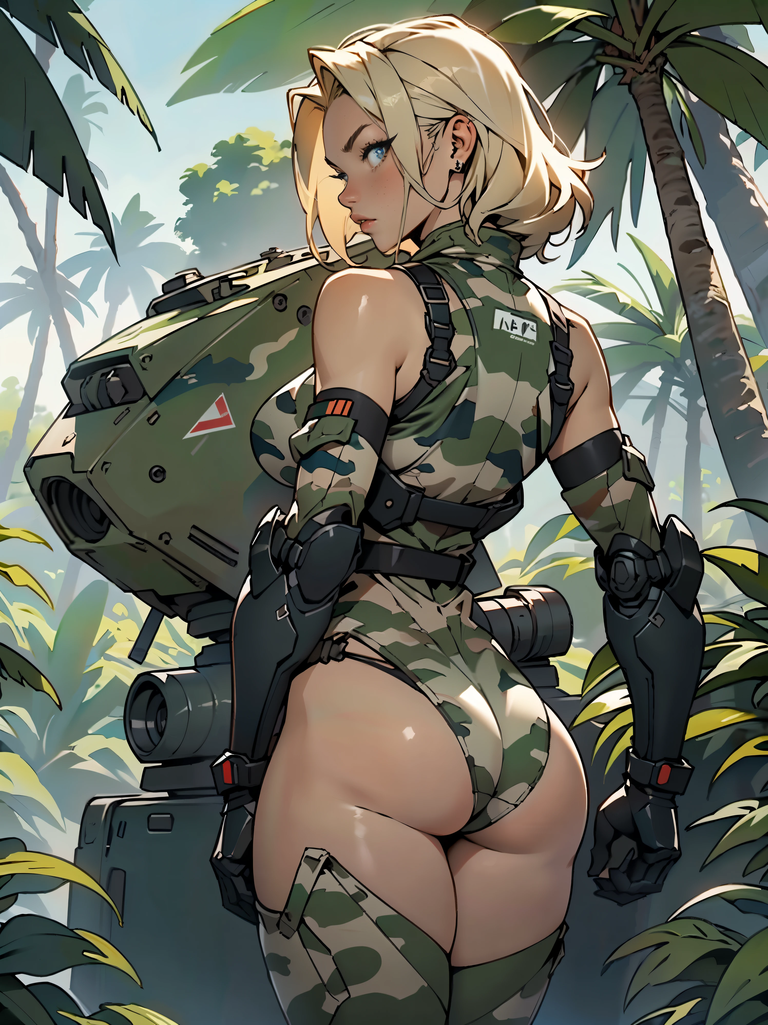 1woman 20 years old, max resolution, sculpted, military, wearing a soldier helmet, beautiful, perfect body, blonde hair, blue eyes, perfect body, thin waist, wide , , slim thighs, jungle background, armored vehicle, military robot dog, camouflaged uniform, tight panties, two-piece, highly detailed, high resolution, perfect hands, rear view, camo, ,  shoulders