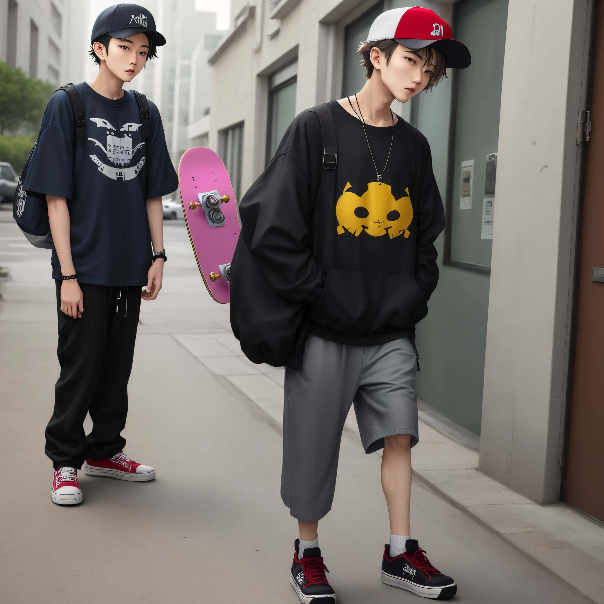 trap character baggy clothing skateboard in hand wearing a cap