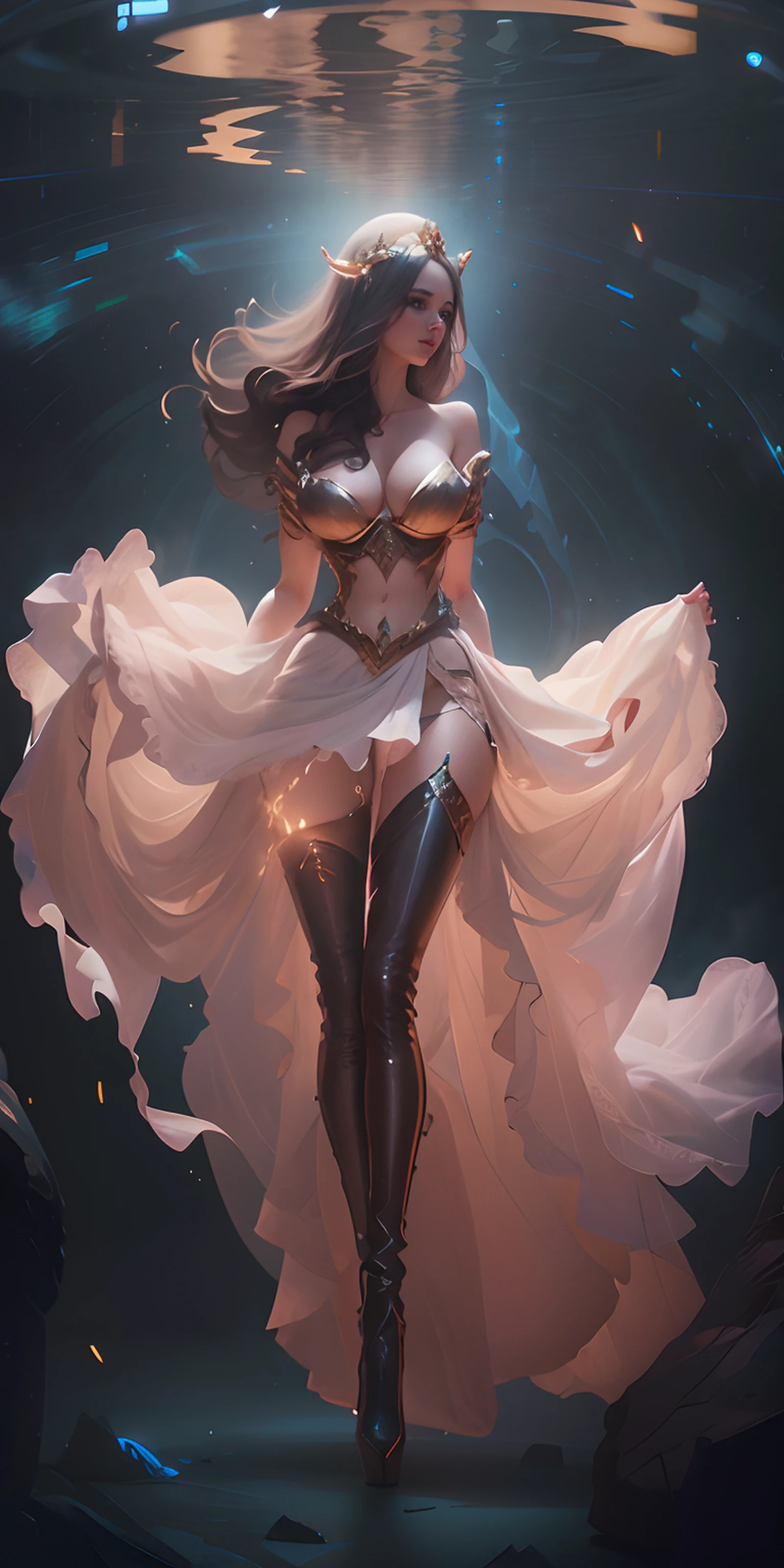 goddess and angel fusion, beautiful woman, alina gorokhova, perfect nose eyes and mouth, perfectly centered eyes, pretty face, round buttocks, high heel boots, thigh high, heavenly background, flambeau lights, octane rendering, cinematic, deviant art, realistic Face, 8K, Highly detailed, Photorealistic, G cup, Proportional hands, Cinematic, Dynamic color