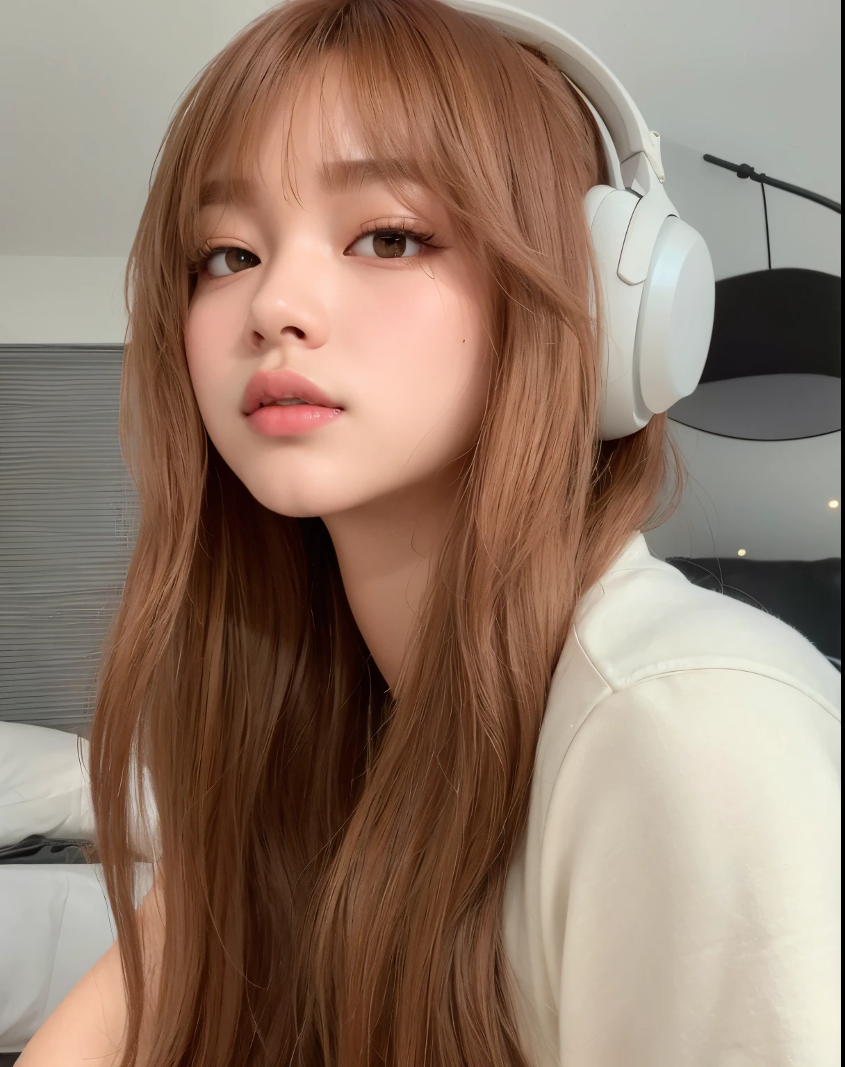 um close de uma mulher com fones de ouvido sentada em uma cama, Lalisa Manobal, O corte Hime, Lalisa Manoban do Blackpink, Ulzzang, jennie blackpink, com fones de ouvido, com rosto redondo, jossi do blackpink, Parque Roseanne do Blackpink, com franja, com fones de ouvido, Jinyoung Canela, franja fofa, com cabelos longos