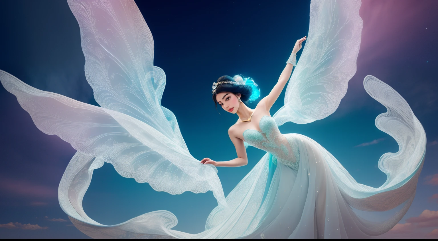 In a captivating image, an elegant woman clad in a white Chinese gown glides through the sky atop a mythical Chinese dragon. As they traverse the heavens, her flowing gown and the dragon's iridescent scales create a mesmerizing vision of harmony and otherworldly beauty.
hdr, (photorealism, masterpiece quality, best quality), , pureerosface_v1,ulzzang-6500-v1.1,