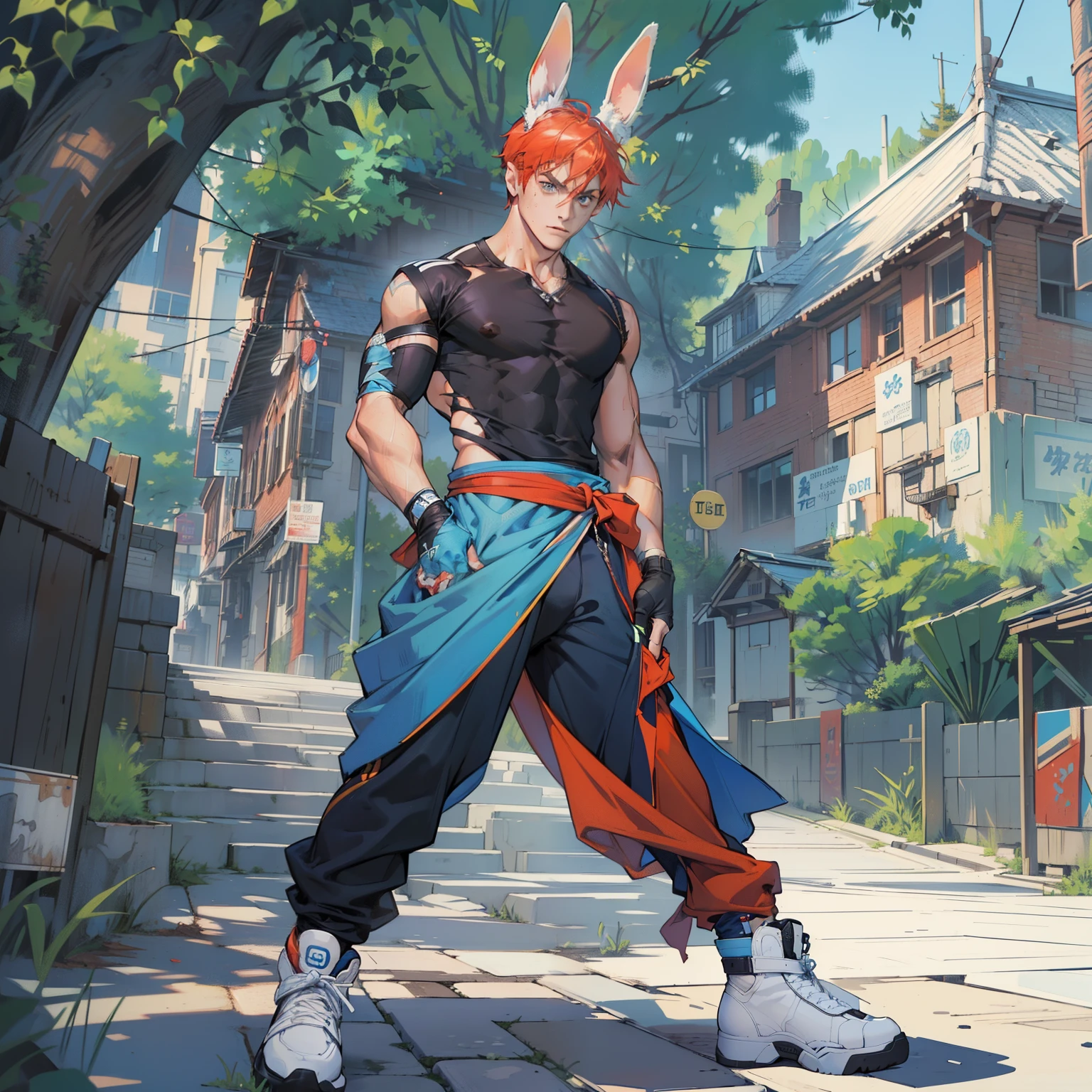 (High resolution, best quality, masterpiece) intricate detail, extremely detailed, full body, (toned body)) athletic body, slender, solo, ((male)), (slim_hunk), young, anthro rabbit man, athlete, red hair, ((bunny ears, bunny tail), rabbit ears, blue eyes, (detailed eyes), short red hair, handsome, smooth skin, sports, (topwear:black shirt, bottomwear:blue pants, handwear: bandages))), fingerless gloves, fierce looking, determined expression, standing, ((solo)), sweat, monk robes, air swirling around, outdoor background