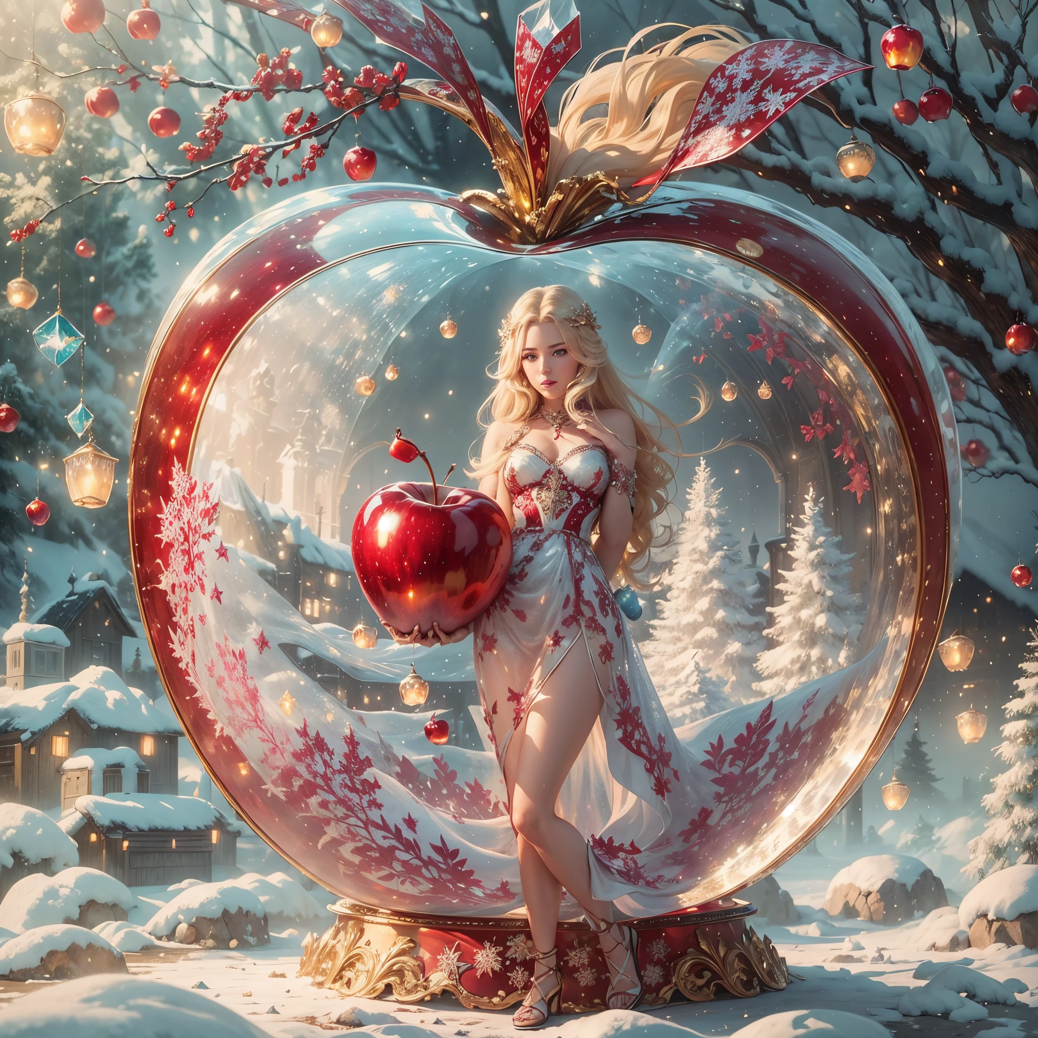 Behold a breathtaking digital masterpiece with a crystallized (translucent red crystal apple), inside the apple is a 20 year old girl, joias de ouro, long flowing blonde hair, Golden sandals, saltos tamanho 15, cravejado de diamantes. sky enveloping a picturesque rural town, covered in the soft embrace of Christmas snowflakes.