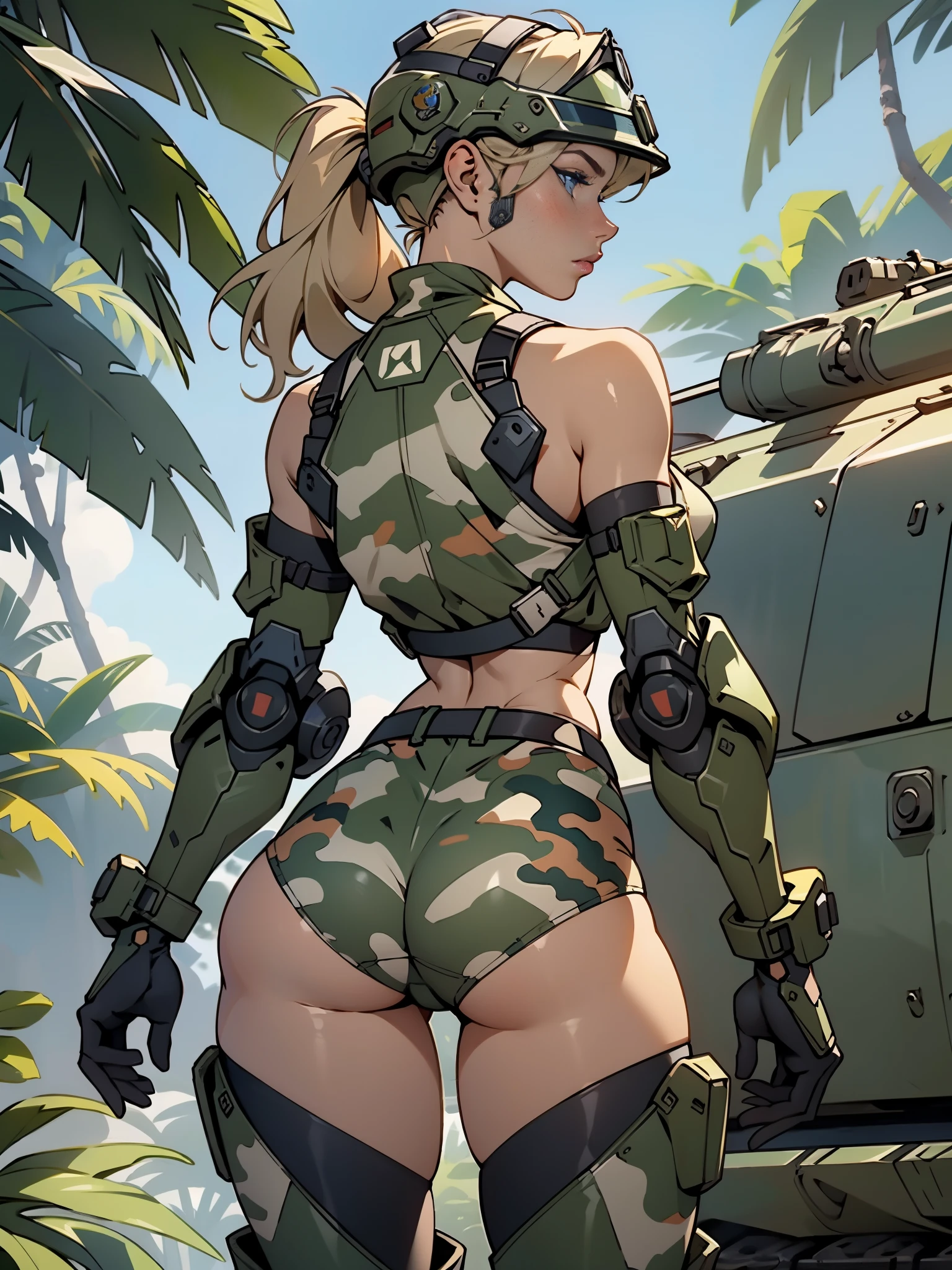 1woman 20 years old, max resolution, sculpted, military, wearing a soldier helmet, beautiful, perfect body, blonde hair, blue eyes, perfect body, thin waist, wide hips, large breasts, slim thighs, jungle background, armored vehicle, military robot dog, camouflaged uniform, tight panties, two-piece, highly detailed, high resolution, perfect hands, rear view, camo, from behind, bare shoulders