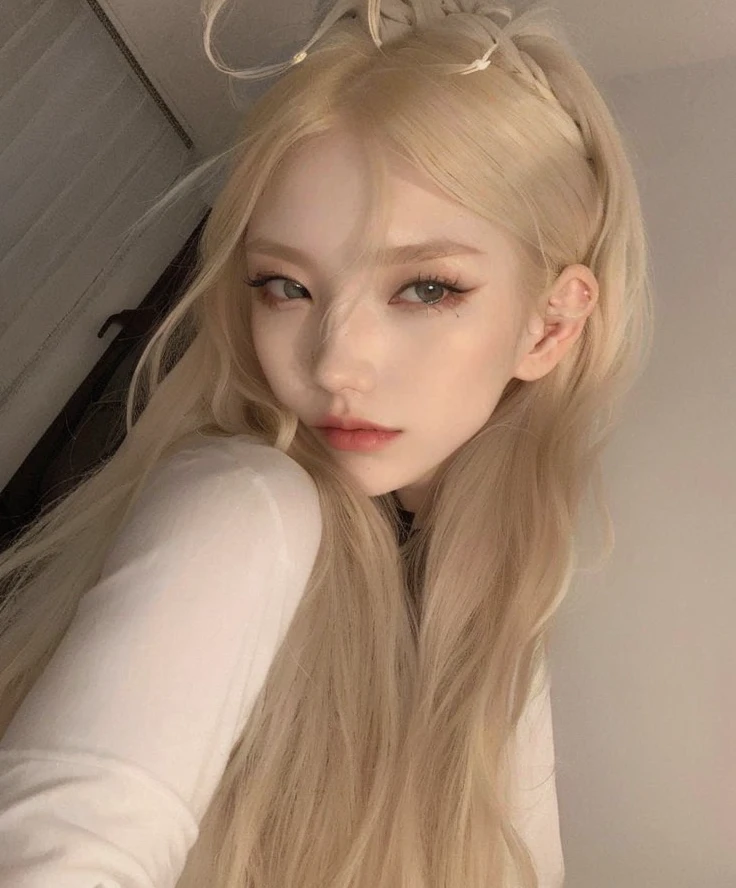 a close up of a woman with long blonde hair and a white shirt, ulzzang, extremely pale blond hair, with white long hair, with long white hair, with long blond hair, very very pale blond hair, korean girl, long blonde hair and large eyes, long blonde hair and big eyes, ig model | artgerm, sakimichan