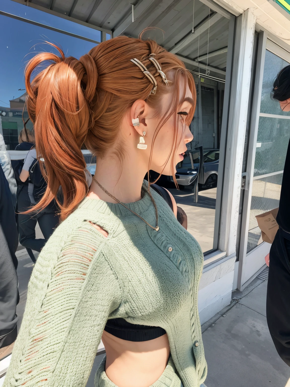 there is a woman with a ponytail and a green sweater, her hair is in a pony tail, seus cabelos presos, ela tem dois rabos de cavalo, penteado twintails, Complex red braided hair, penteado pigtails, cabelo amarrado em um rabo de cavalo, com longos cabelos ruivos, com rabo de cavalo, parece uma mistura de grimes