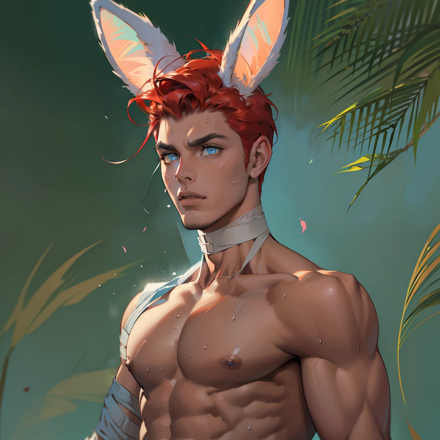 (High resolution, best quality, masterpiece) intricate detail, extremely detailed, full body, (toned body)) athletic body, slender, solo, ((male)), (slim_hunk), young, anthro rabbit man, athlete, red hair, ((bunny ears, bunny tail), rabbit ears, blue eyes, (detailed eyes), short red hair, handsome, smooth skin, sports, (topwear:black shirt, bottomwear:blue pants, handwear: bandages))), fingerless gloves, fierce looking, determined expression, standing, ((solo)), sweat, monk robes, air swirling around, outdoor background