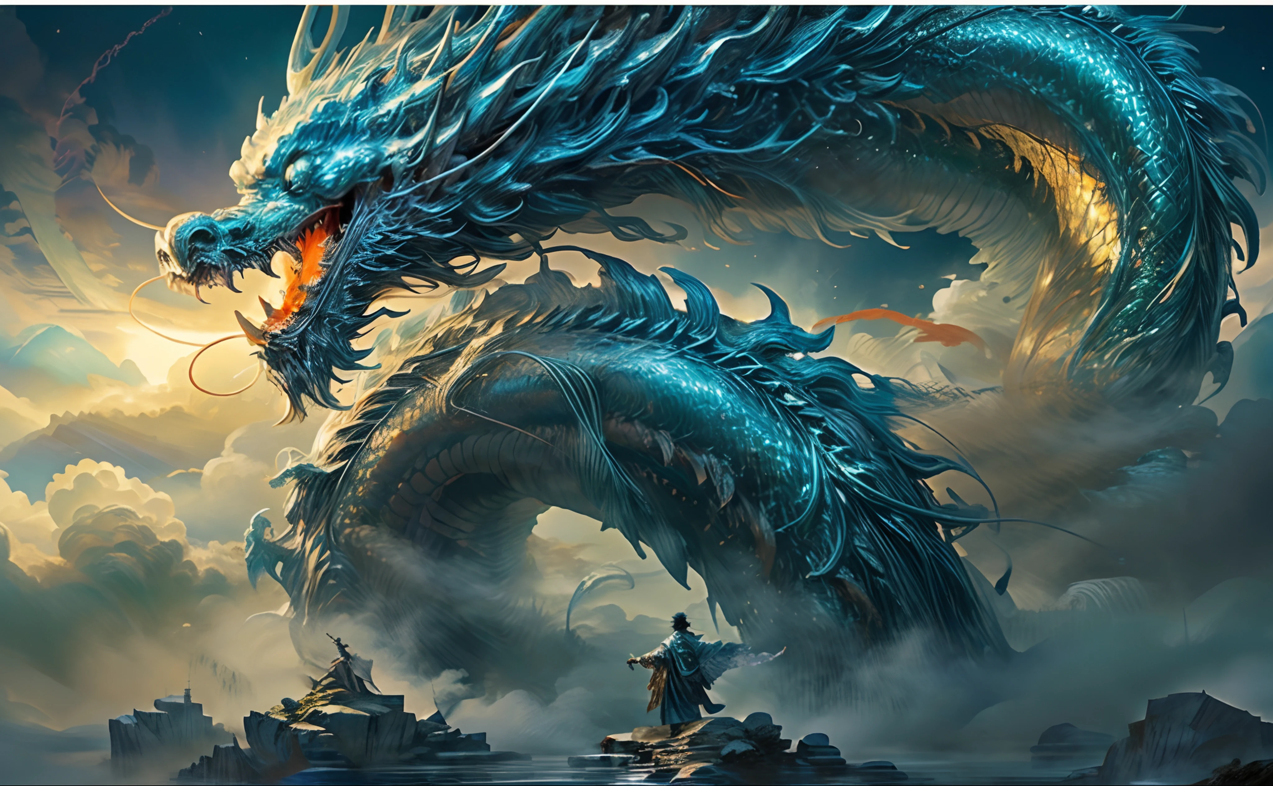 A close up of a dragon with a man on a boat in the water - SeaArt AI