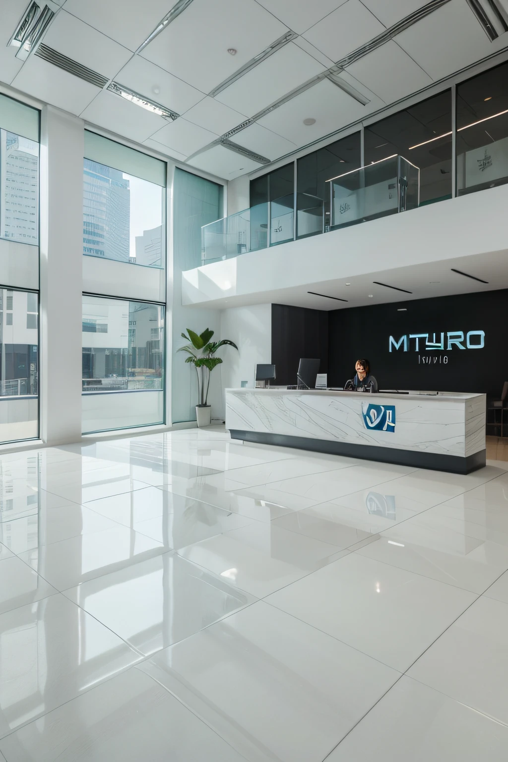 a large corporate reception area with a counter in the middle, Shutterstock, Futurismo, 3D Logo, Sala Virtual do Metaverso, vue 3d render, conjunto virtual, virtual installation, tudo branco, vista frontal, sem logotipo, paredes brancas, piso branco, Contador branco