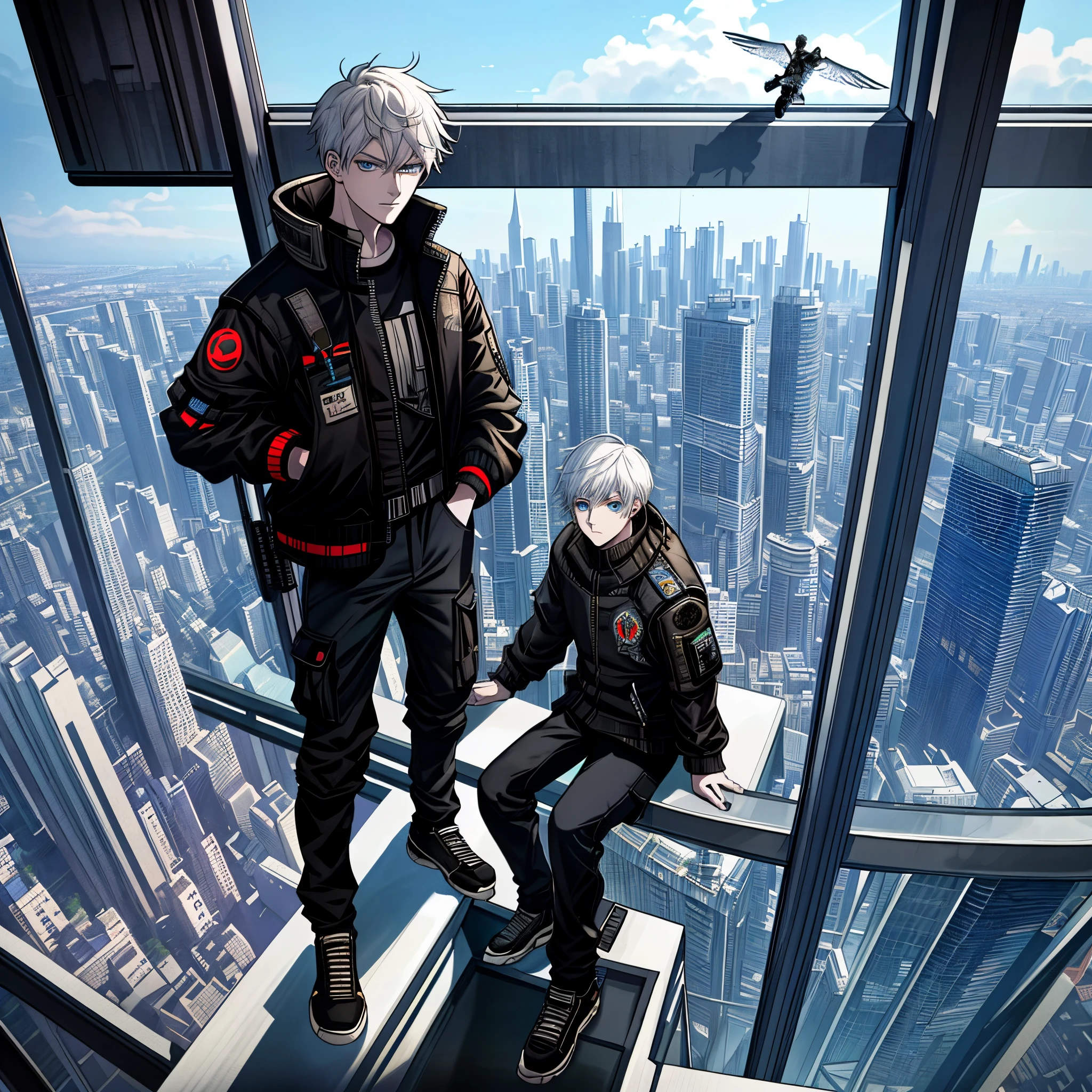 (masterpiece, top quality, best quality, official art, beautiful and aesthetic:1.2), (1man:1.3), white short hair, blue eyes, sitting on a windowsill overlooking the city, sitting on a skyscraper roof, perched on a skyscraper, overlooking a modern city, standing on a skyscraper roof, walking on the top of a small city, Fear of heights, above the city, cyberpunk streetwear, soaring above the dense city, cargo pants. Cyberpunk City, Cyberpunk Photos