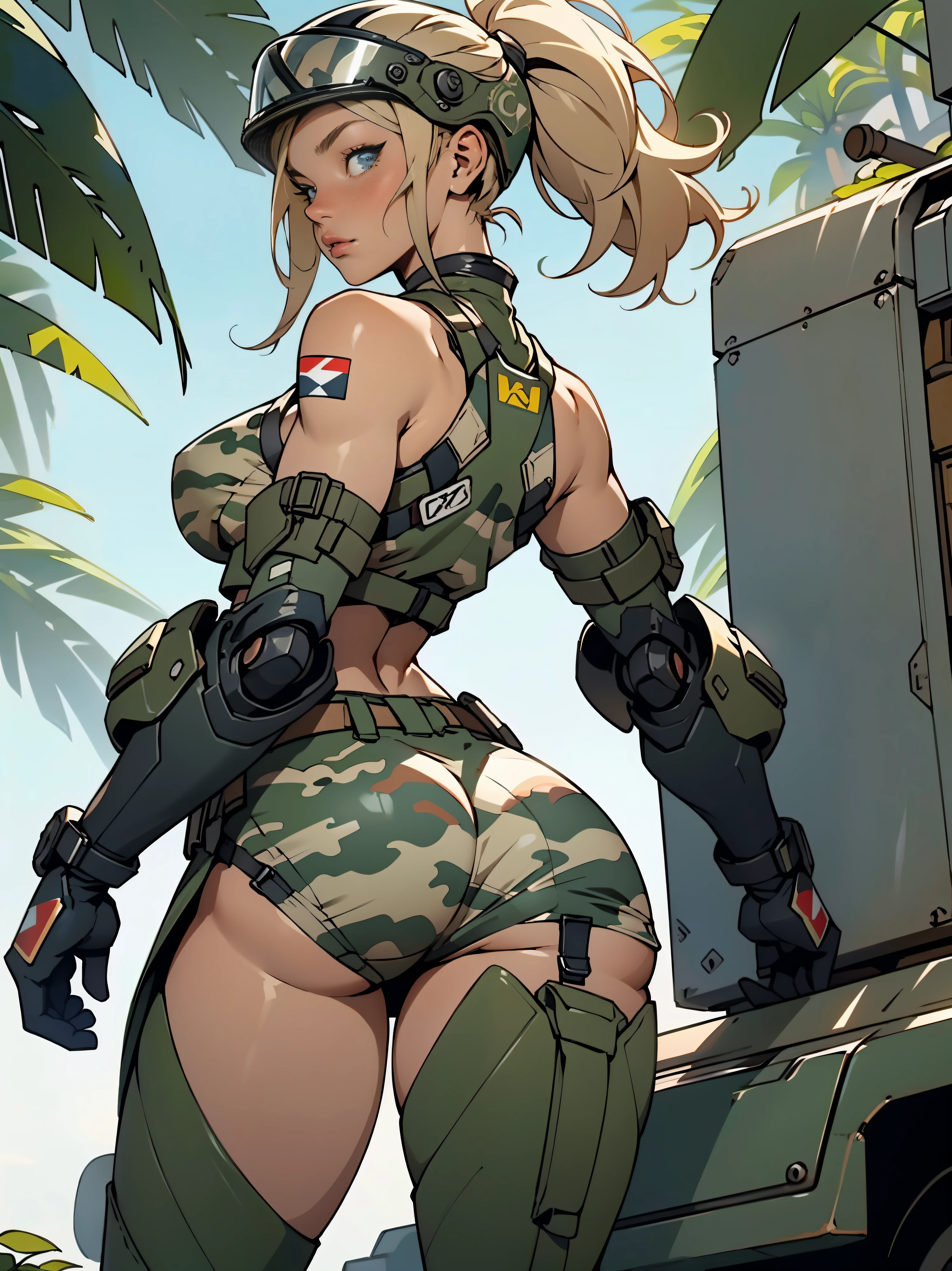 1woman 20 years old, max resolution, sculpted, military, wearing a soldier helmet, beautiful, perfect body, blonde hair, blue eyes, perfect body, thin waist, wide hips, large breasts, slim thighs, jungle background, armored vehicle, military robot dog, camouflaged uniform, tight panties, two-piece, highly detailed, high resolution, perfect hands, rear view, camo, from behind, bare shoulders