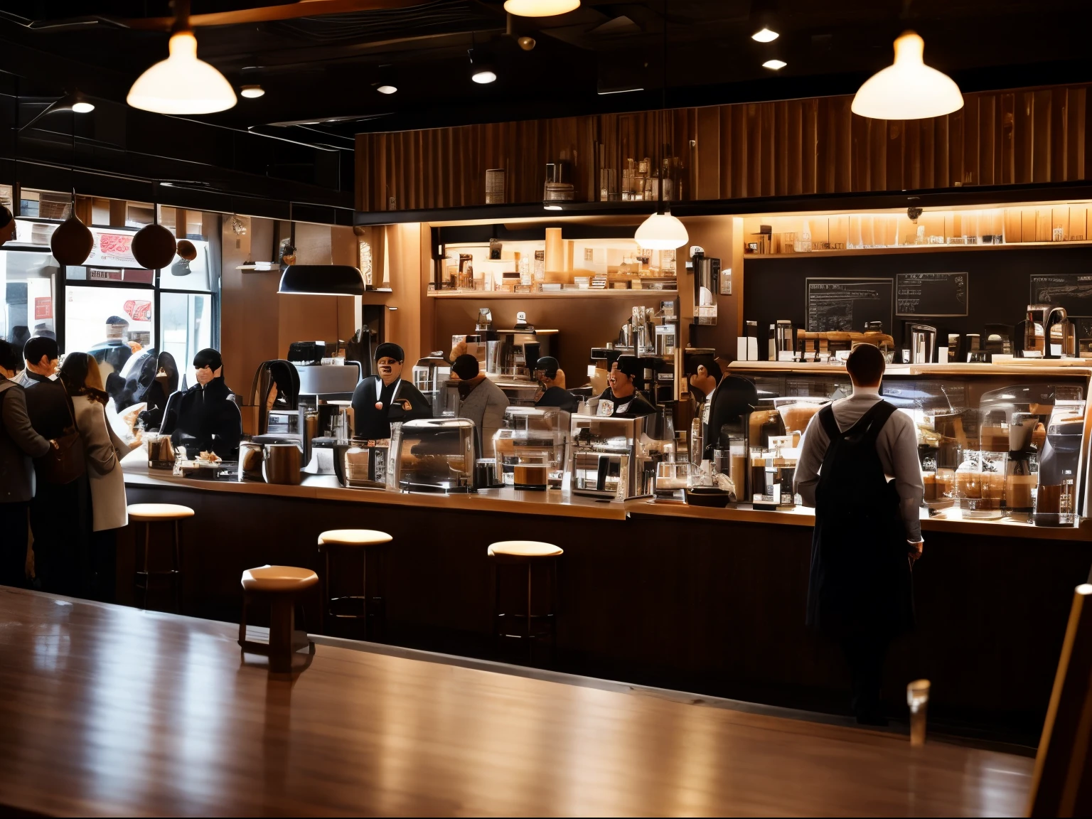 A busy coffee shop during morning rush in a continuous, single-shot setting, echoing the visual style of Birdman, featuring espresso brown, style raw