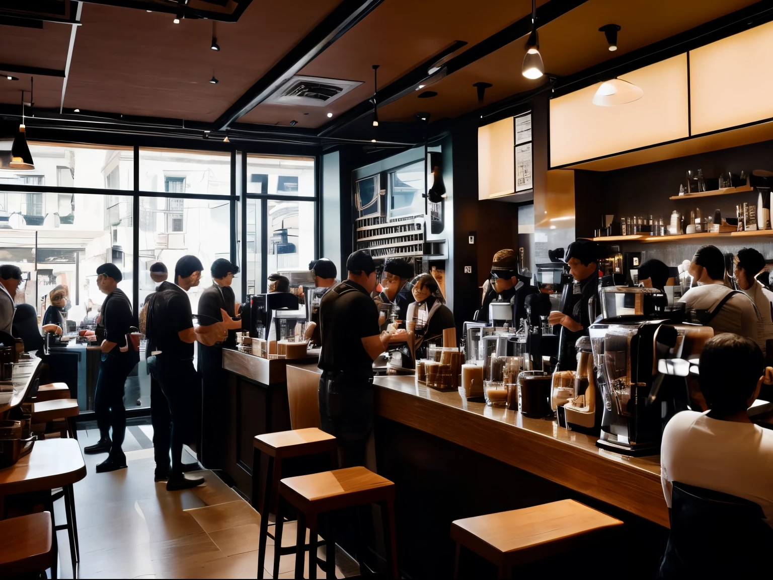 A busy coffee shop during morning rush in a continuous, single-shot setting, echoing the visual style of Birdman, featuring espresso brown, style raw