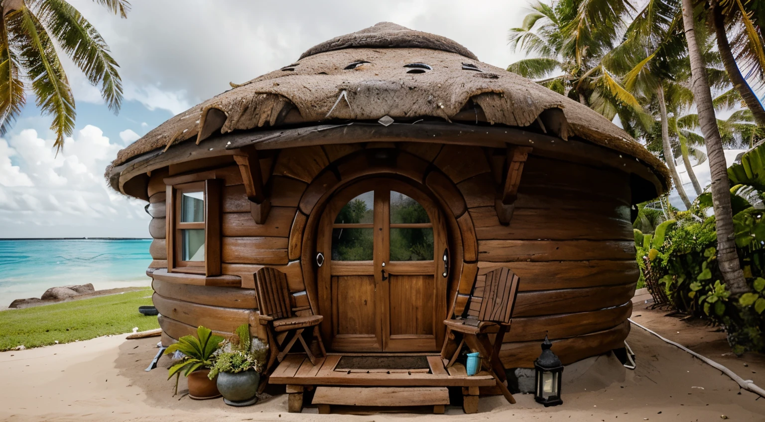 a tiny cozy hobbit house hut in french polynesia beach with side palm trees, rounded hobbit front door, theres a tiny fireplace inside the hut, in a cloudy day, the sea is back