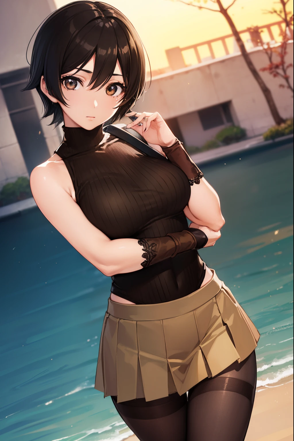 Yuffie Exaragi, Yuffie Kisaragi, (Black hair:1.5), (Brown eyes:1.7), Short hair, a pixie cut,turtle neck,((a miniskirt))、((pantyhose))、
Blake Cowboy Shot, Looking at Viewer, 
BREAK (masutepiece:1.2), Best Quality, High resolution, Unity 8k壁纸, (Illustration:0.8), (Beautiful detailed eyes:1.6), extra detailed face, Perfect Lighting, extremely details CG, (Perfect hands, Perfect Anatomy),