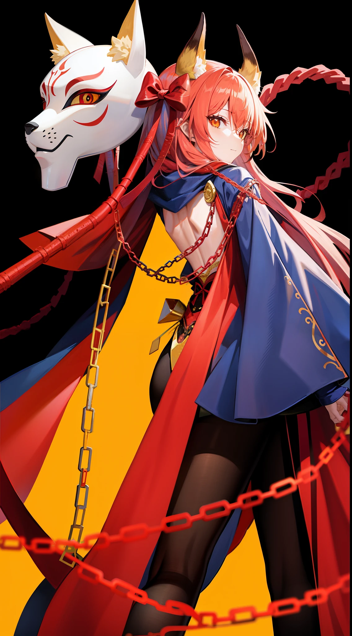 clonion, 1girl, chain, fox_mask, horns, long_sleeves, mask_on_head, oni_mask, red_eyes, rope, (simple_background), (yellow background), solo, from_side|from_back