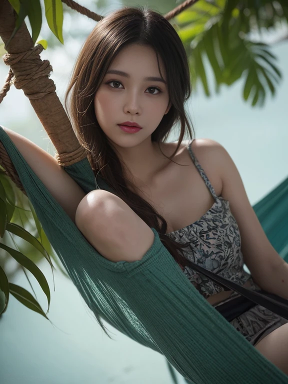 masutepiece、Best quality、illustration、 ultra - detailed、A high resolution、8K wallpapers、Perfect dynamic composition,、Beautiful detailed eyes、(top-quality: 1.3), (tmasterpiece: 1.3), (Super detail: 1.3), (the wallpaper, one-girl: 1.1),、(detailed super oily shiny skin:1.1)、Arafi woman holding a sword and a sword in a hammock, fantasy style 8 k octane render, 4 K detail fantasy, Unreal Engine fantasy art, (rendering by octane) Fantasy style, stunning cgsociety, cgsociety 8k, cgsociety 8k, cgsociety 8 k, trending on cgstation, 🌺 CGSesociety, 8K high quality detailed art
