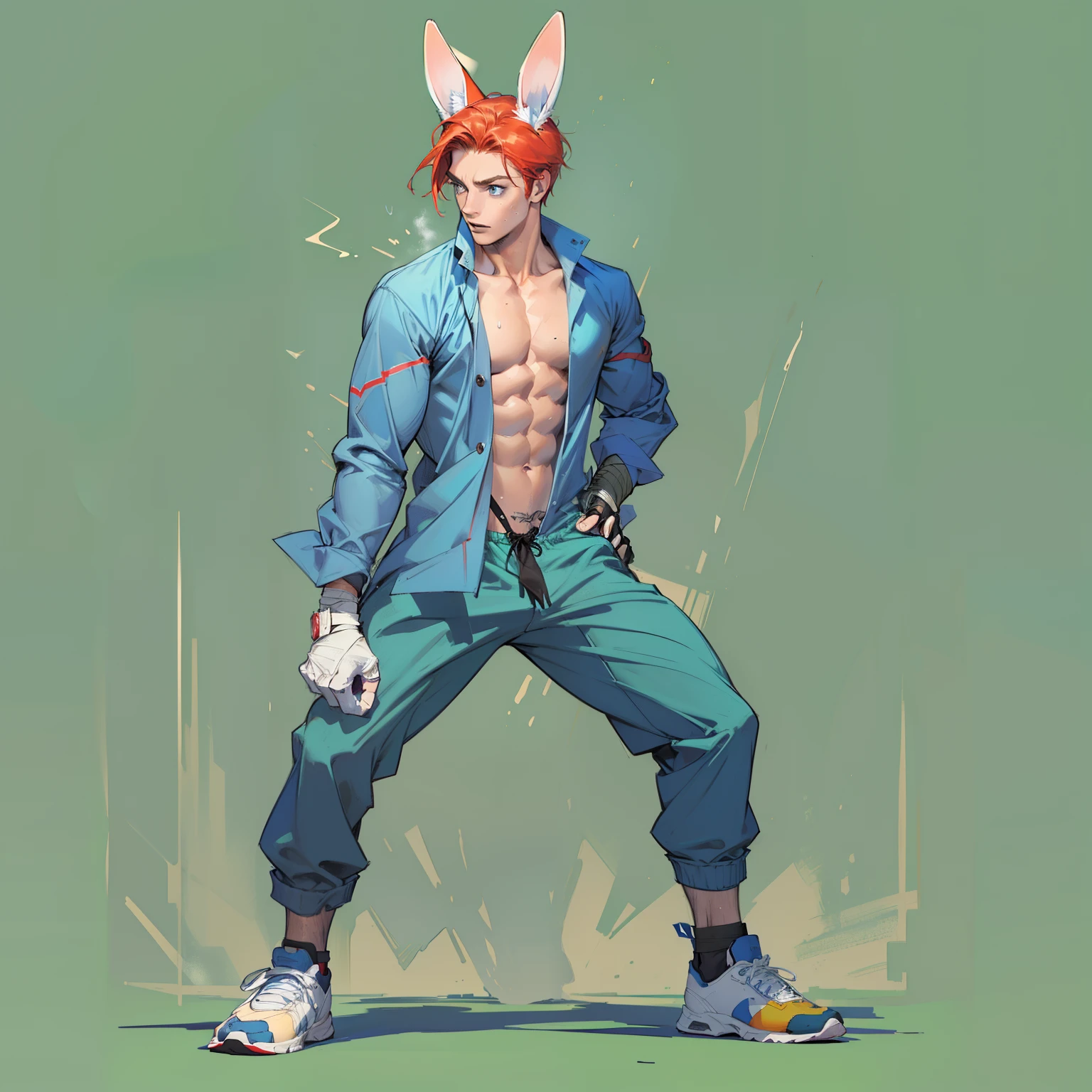 (High resolution, best quality, masterpiece) intricate detail, extremely detailed, full body, (toned body)) athletic body, slender, solo, ((male)), (slim_hunk), young, anthro rabbit man, athlete, red hair, ((bunny ears, bunny tail), rabbit ears, blue eyes, (detailed eyes), short red hair, handsome, smooth skin, sports, (topwear:shirt, bottomwear:blue pants, handwear: bandages))), fingerless gloves, fierce looking, determined expression, standing, ((solo)), sweat, monk robes, air swirling around, outdoor background