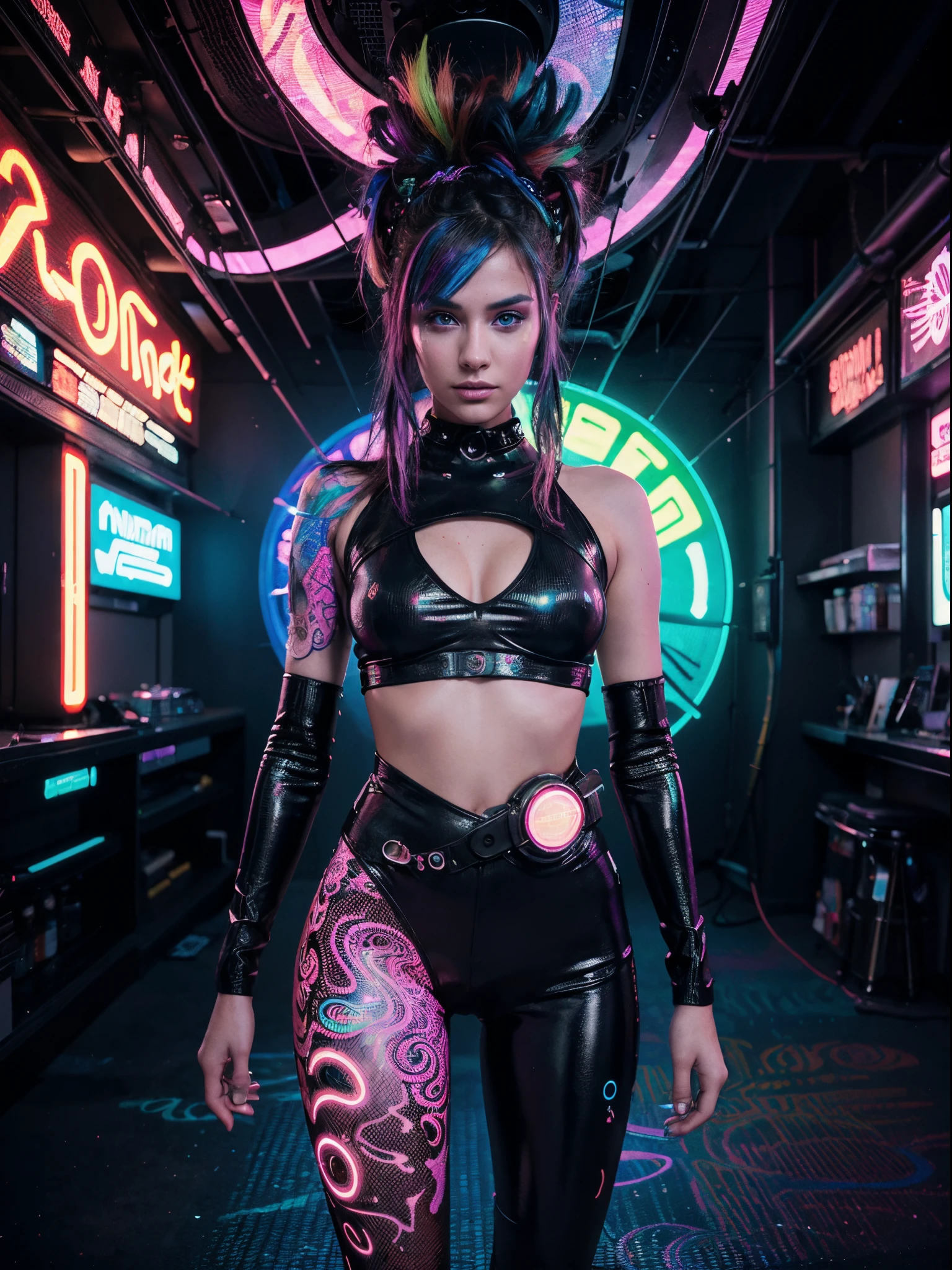 young women as Disk jokey , An ultra-detailed, high-quality, 4k or 8k masterpiece of a psychedelic, UV active artwork. The scene features colorful and vibrant visuals that evoke a trippy and mesmerizing atmosphere. The main focus of the artwork is on a group of pretty women who are dressed in futuristic cyberpunk fashion, showcasing their unique tech wear. The women stand amidst a dazzling array of UV lights and pulsating neon colors, with the scene creating a mesmerizing and otherworldly effect. The artwork captures the essence of a psychedelic experience, incorporating elements of surrealism and abstract art. The colors and patterns shift and blend in an enchanting way, giving the artwork a dynamic and immersive feel. The lighting accentuates the vividness of the colors, creating a captivating visual spectacle. The overall style and composition of the artwork draw inspiration from the aesthetics of cyberpunk and rave culture. The blend of psychedelic and cyberpunk elements creates a visually stunning and conceptually intriguing piece of art.
