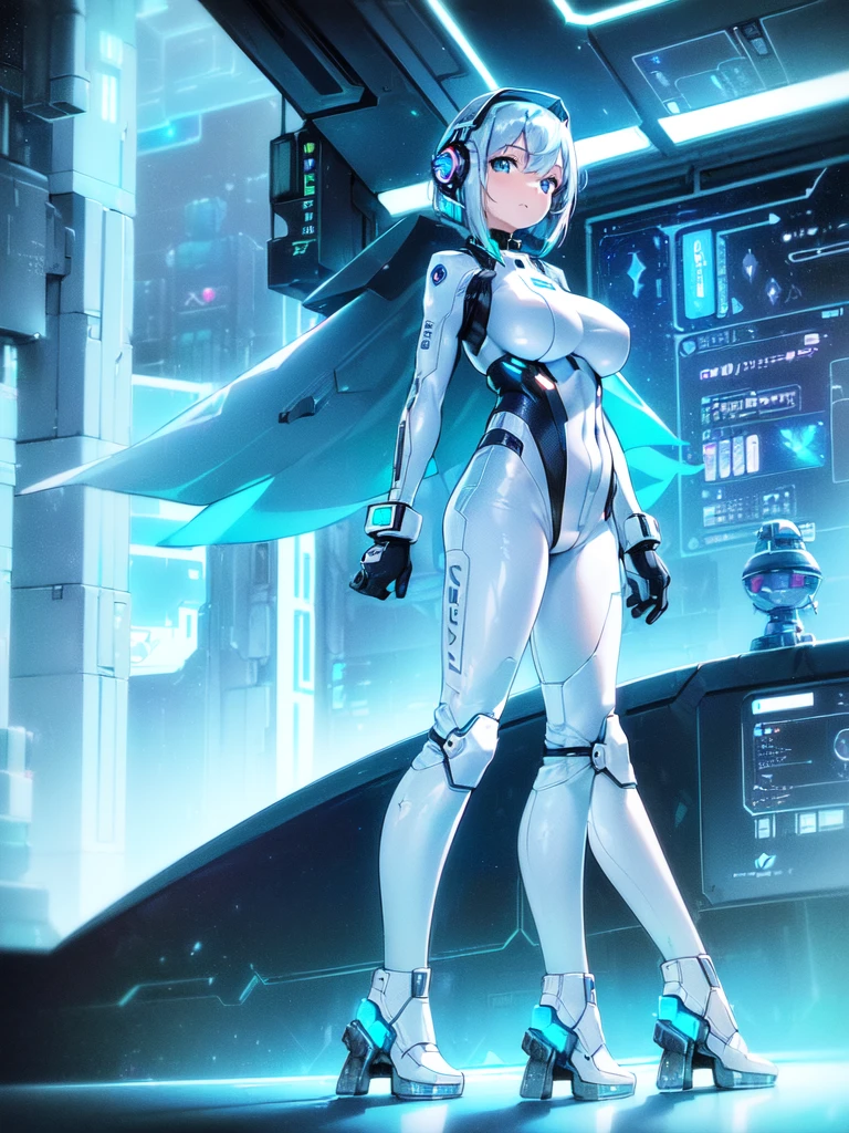 ​masterpiece:1.4, 1girl in ((20yr old, Wearing a futuristic white and silver costume, Tight Fit Bodysuit, long boots, Very gigantic-breasts, (Colorful blue hair):1.3, a short bob, Perfect model body, Blue eyes:1.2, Wearing headphones, Looking out the window of the futuristic sci-fi space station、While admiring the beautiful galaxy:1.2, SFSF control room on night background:1.1, Neon and energetic atmosphere:1.2)) ((Galaxy))