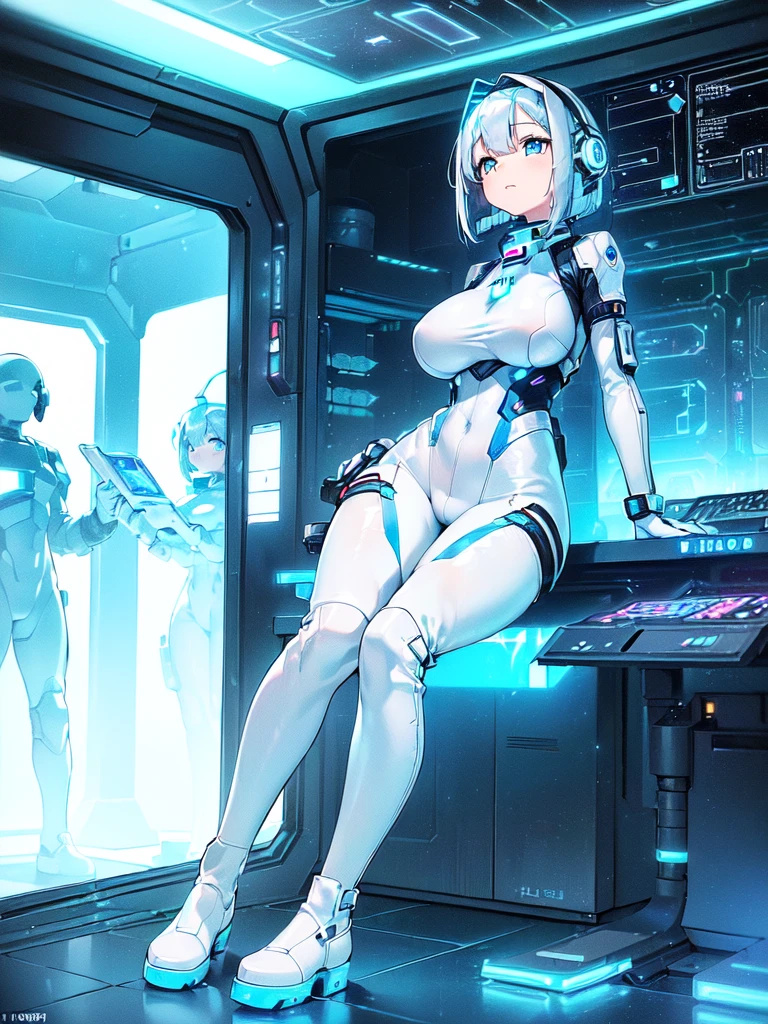 ​masterpiece:1.4, 1girl in ((20yr old, Wearing a futuristic white and silver costume, Tight Fit Bodysuit, long boots, Very gigantic-breasts, (Colorful blue hair):1.3, a short bob, Perfect model body, Blue eyes:1.2, Wearing headphones, Looking out the window of the futuristic sci-fi space station、While admiring the beautiful galaxy:1.2, SFSF control room on night background:1.1, Neon and energetic atmosphere:1.2)) ((Galaxy))