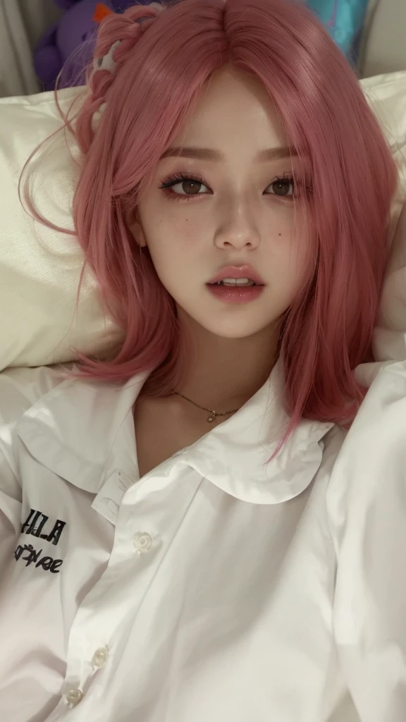 18 years old, asian, extrem pretty face, Light pink hair, pink eyes, pink and white, vivid colors, normal pictures, ultra realistic, background in bedroom, ray tracing, wavy hair. RULE: Use a different background every picture