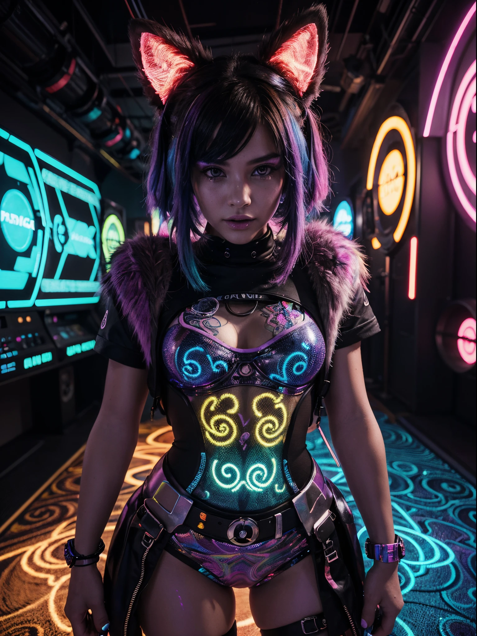 young furry as Disk jokey , An ultra-detailed, high-quality, 4k or 8k masterpiece of a psychedelic, UV active artwork. The scene features colorful and vibrant visuals that evoke a trippy and mesmerizing atmosphere. The main focus of the artwork is on a group of pretty furry who are dressed in futuristic cyberpunk fashion, showcasing their unique tech wear. The furry stand amidst a dazzling array of UV lights and pulsating neon colors, with the scene creating a mesmerizing and otherworldly effect. The artwork captures the essence of a psychedelic experience, incorporating elements of surrealism and abstract art. The colors and patterns shift and blend in an enchanting way, giving the artwork a dynamic and immersive feel. The lighting accentuates the vividness of the colors, creating a captivating visual spectacle. The overall style and composition of the artwork draw inspiration from the aesthetics of cyberpunk and rave culture. The blend of psychedelic and cyberpunk elements creates a visually stunning and conceptually intriguing piece of art.