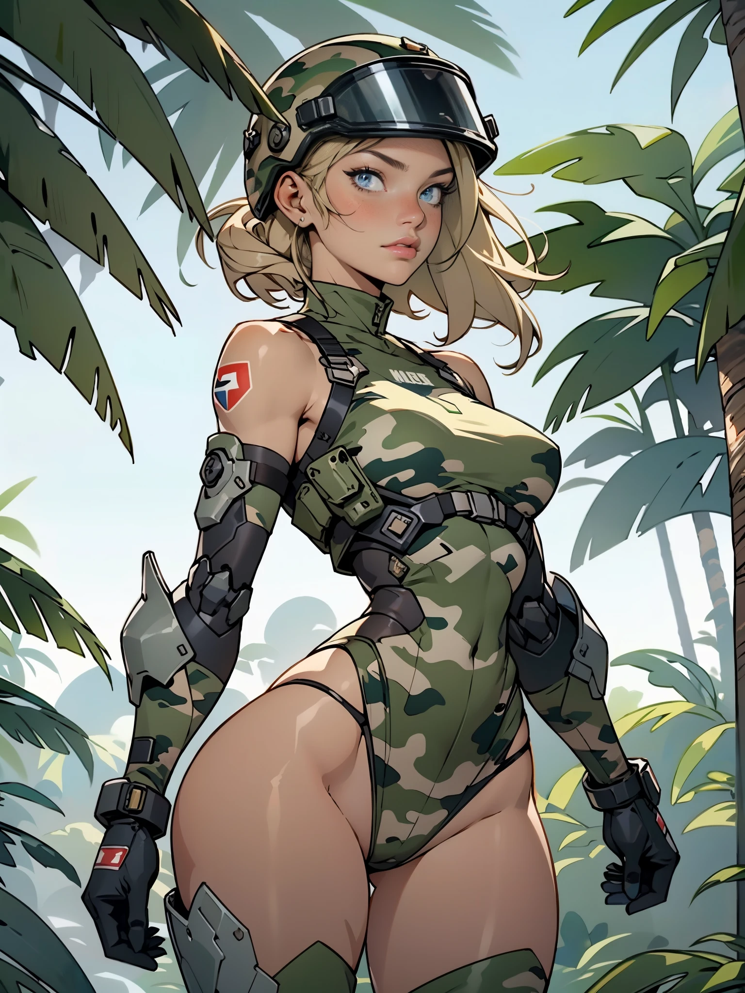 1woman 20 years old, max resolution, sculpted, military, wearing a soldier helmet, beautiful, perfect body, blonde hair, blue eyes, perfect body, thin waist, wide hips, large breasts, slim thighs, jungle background, armored vehicle, military robot, camouflaged uniform, tight panties, two-piece, highly detailed, high resolution, perfect hands, rear view, camo, from behind, bare shoulders