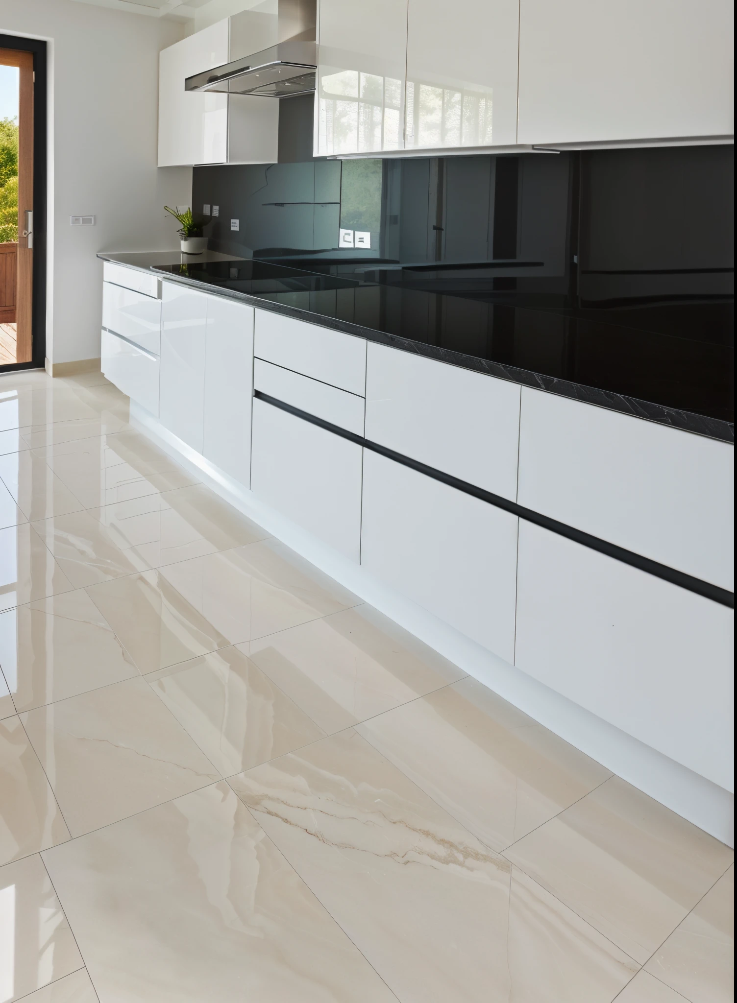 there is a kitchen with black countertops and white cabinets, branco brilhante, branco elegante, crisp smooth clean lines, polished white marble, white floor, alto brilho, white tile on the floor, glossy surface, acabamento brilhante, reflective floor, shiny marble floor, com linhas elegantes e um poderoso, Branco Reluzente, crisp smooth lines, piso de telha refletiva molhado