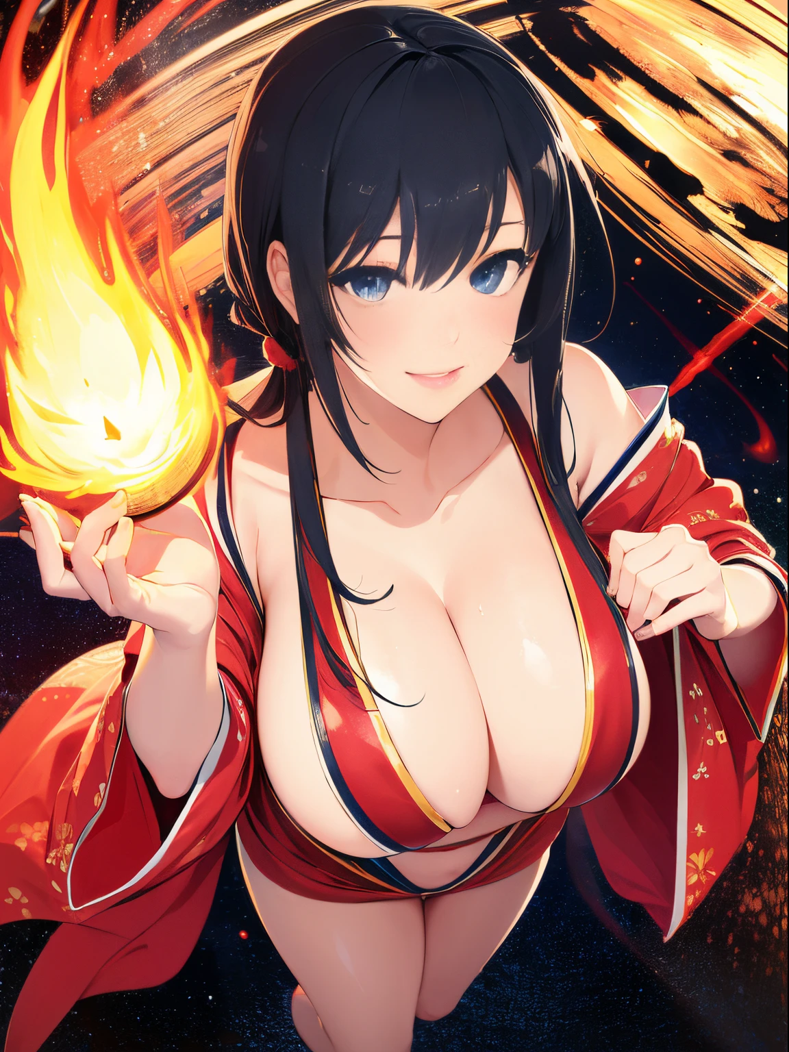 (((goddes,Amaterasu,calamus,Beautiful black hair))),(((orange flame effect,dark backgrounds,cosmic space,magnificent panorama view,Radial backlight,beautiful kimonos,gorgeous colors,Red and white kimono,Komono))),((shine,Powerful light,A detailed eye,Beautiful eyes:1.2,eye reflections:1.2)),((masutepiece,cowboy shot,Angle from above,Wide background,Far angle,FULL BODYSHOT)),Beautiful detailed skin,Perfect human anatomy,perfect hand,beautiful boob,saggy tits,portrait of a beautiful woman,Perfect face,(Cute smile,Bright smile),Cute look,Cute emotions,Think,(blush),enticing lips,Perfect eyes,Cinematic scene,Cinematic,fulcolor,4K,8K,Raw photo,Studio portrait,professionally color graded,Professional Photography,(an extremely delicate and beautiful art)1.3,Elegant,Active Angle,Lens Glow,Realistic lighting and shading,Best Quality,top-quality,hight resolution,(1girl in:1.3)
