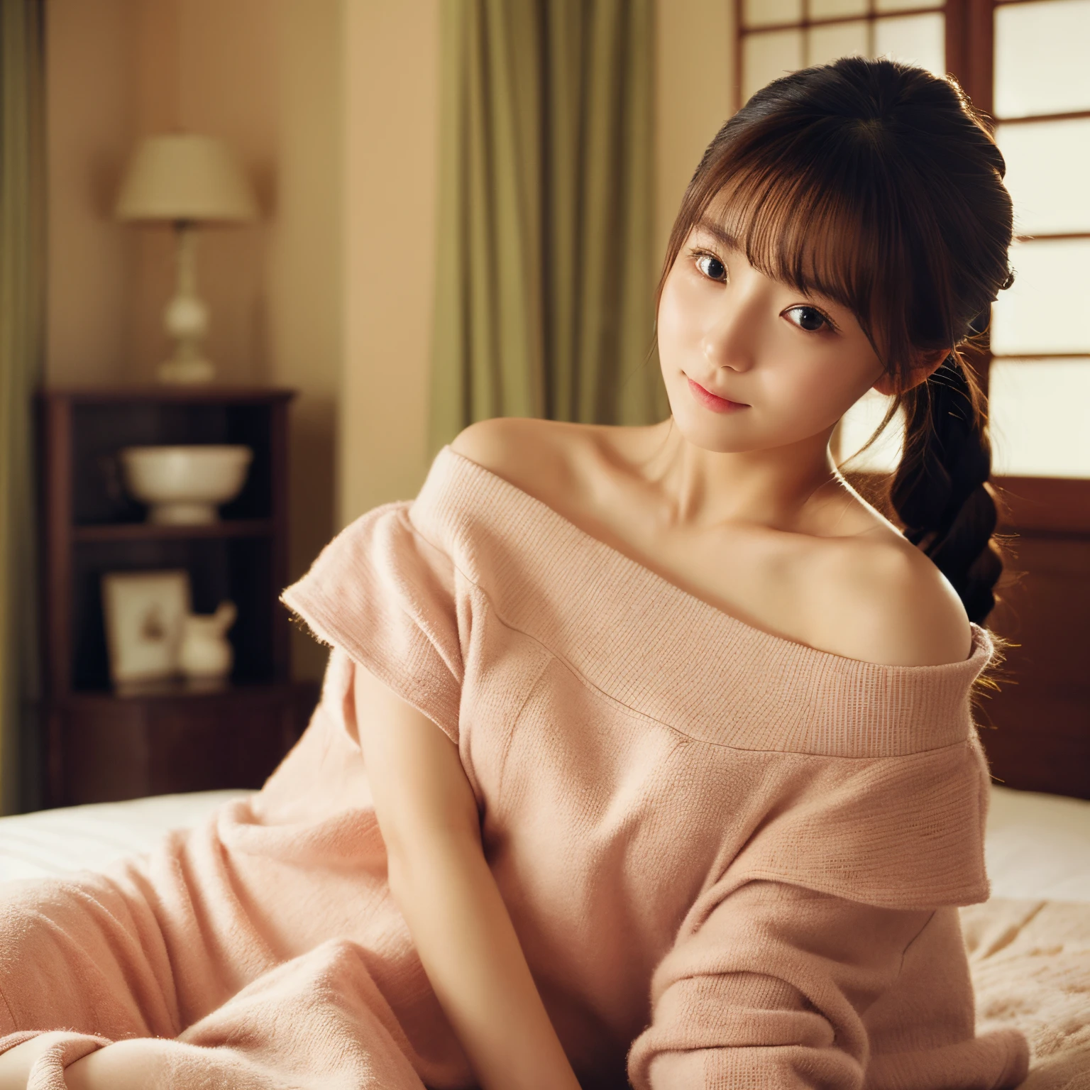 top-quality、masterpiece、超A high resolution、(Photorealsitic:1.4)、Raw photo、1人、off shoulder gentle、with light glowing、japanes、Nice style、Beautuful Women、inside in room