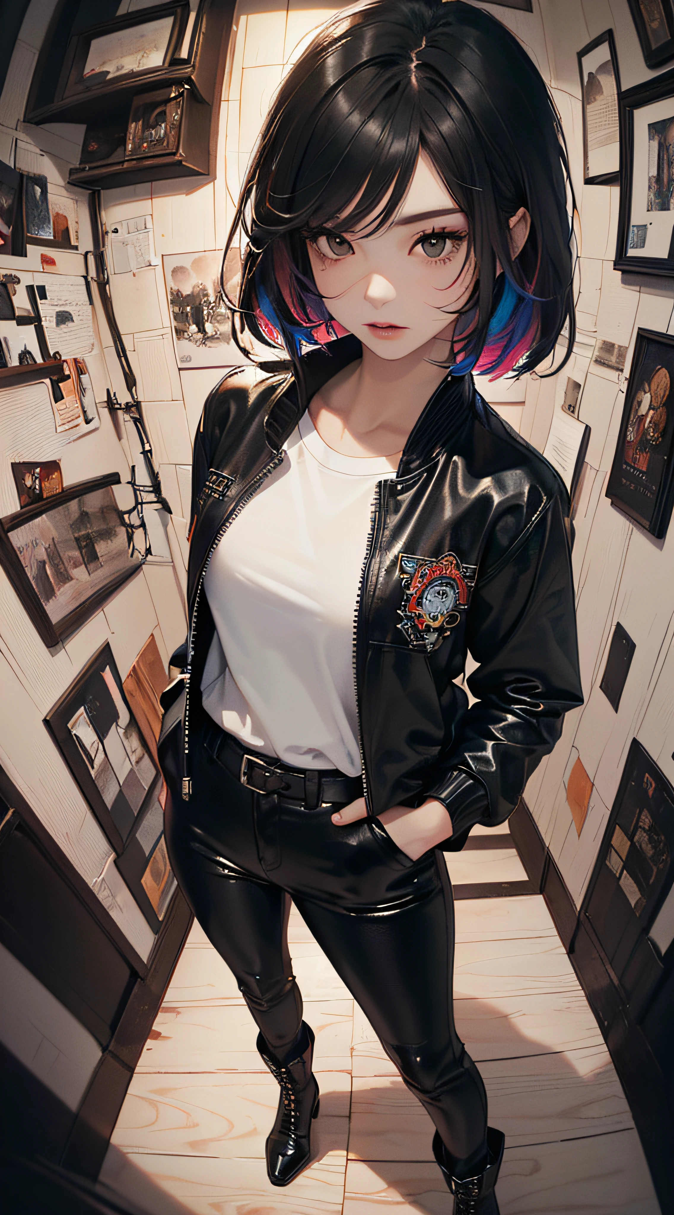 (((8k wallpaper of extremely detailed CG unit:1.2, masterpiece, hight resolution:1.2, top-quality:1.2, masutepiece))), ((a very beautiful woman, Hands in pockets:1.8, Grunge Fashion:1.2, Wearing a blouson:1.2, Wearing black leather pants, Wearing boots)), ((extra detailed face, Highly detailed black eyes:1.2, extra detailed body, Top quality real texture skins)), (A dark-haired, length hair, de pele branca, Small), ((colorful geometric pattern wall, Colorful wall)), (high-angle, Fisheye:1.3), hyper realisitic, digitial painting,