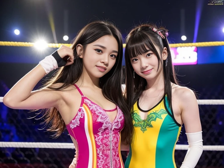 two cute girls with perfect bodies: 1.4, wrestling tag team,same outfit,14 and ,(Lori,lacy fabric,onepiece swimsuit, Very small breasts), Stand in the ring of professional wrestling,extremely detailed face and skin, Detailed eyes, Double eyelids,stand a little apart,knee high socks,Lori,Lace gloves,straight haired,shairband,Idol,Fighting,Professional wrestling matches