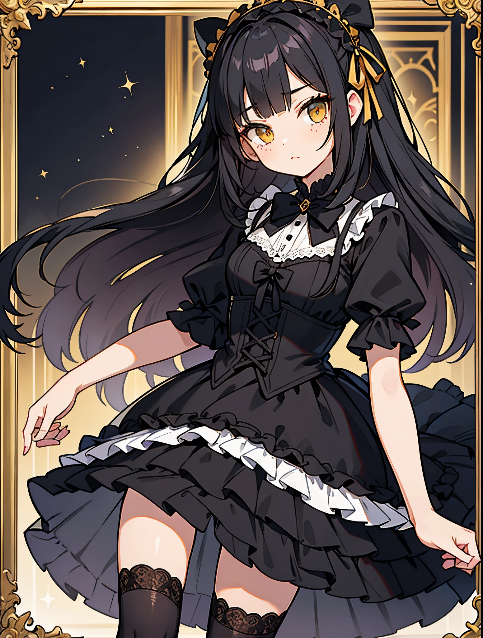 Raven black hair with black bangs that frames her delicate face. Her eyes are vibrant yellowy gold. She has freckles across her cheeks.
Costume: She opts for a Gothic ta dress in shades of black and white, with intricate lace and satin ribbons. Her dress features a corseted bodice and a full, layered skirt. She wears black knee-high stockings, and black Mary Jane shoes adorned with black bows.