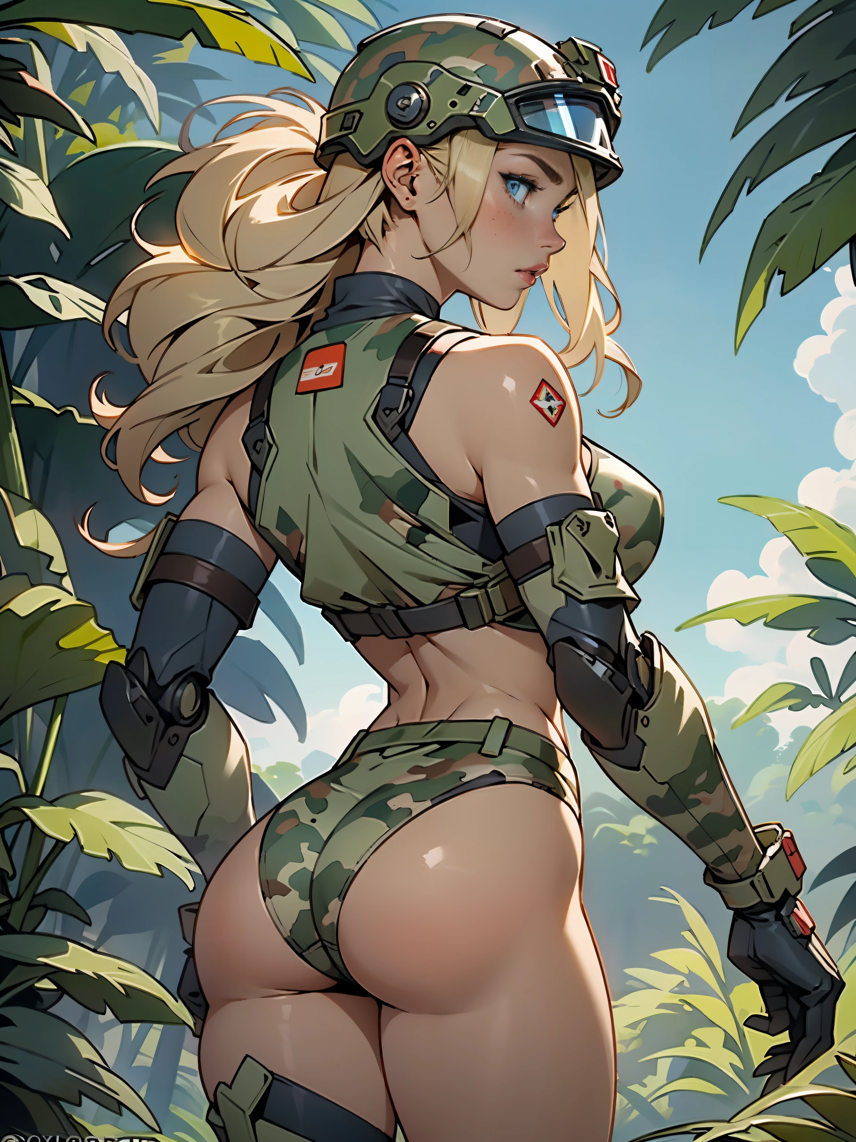 1woman 20 years old, max resolution, sculpted, military, wearing a soldier helmet, beautiful, perfect body, blonde hair, blue eyes, perfect body, thin waist, wide hips, large breasts, slim thighs, jungle background, armored vehicle, military robot, camouflaged uniform, tight panties, two-piece, highly detailed, high resolution, perfect hands, rear view, camo, from behind, bare shoulders