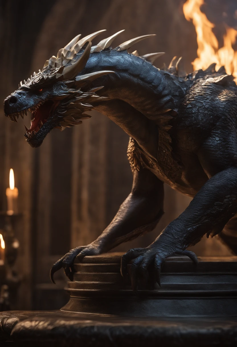 Aemond Targaryen sitting on a majestic dragon skull, deep in thought, with Vhagar looming in the background,Fire and Blood,Physically, Aemond possess the classic Targaryen features, with long platinum silver hair and a piercing purple eye. His intense and penetrating gaze, hints at an intense fire within, and an otherworldly wisdom that belies his youthful appearance. His regal and ethereal bearing is accentuated by his tall stature and muscular but lithe physique. The sharp angles of his face, coupled with a strong jawline, give him a striking and commanding presence.

Prince Aemond Targaryen has very long platinum silver blonde hair, a strong and prominent jawline, straight nose, full lips with defined cupids bow, one violet eye (right), scar from left eyebrow to left cheekbone, missing left eye replaced by blue sapphire. He is tall, lithe, defined muscles, broad shoulders and chest, long torso, small waist, long legs, tight round arse, long thick uncircumcised cock. 

Prince Aemond has large and veiny hands with long elegant fingers. He dresses in medieval regal attire, using expensive dark fabrics and has impeccable taste. He wears a leather eyepatch over his left eye.