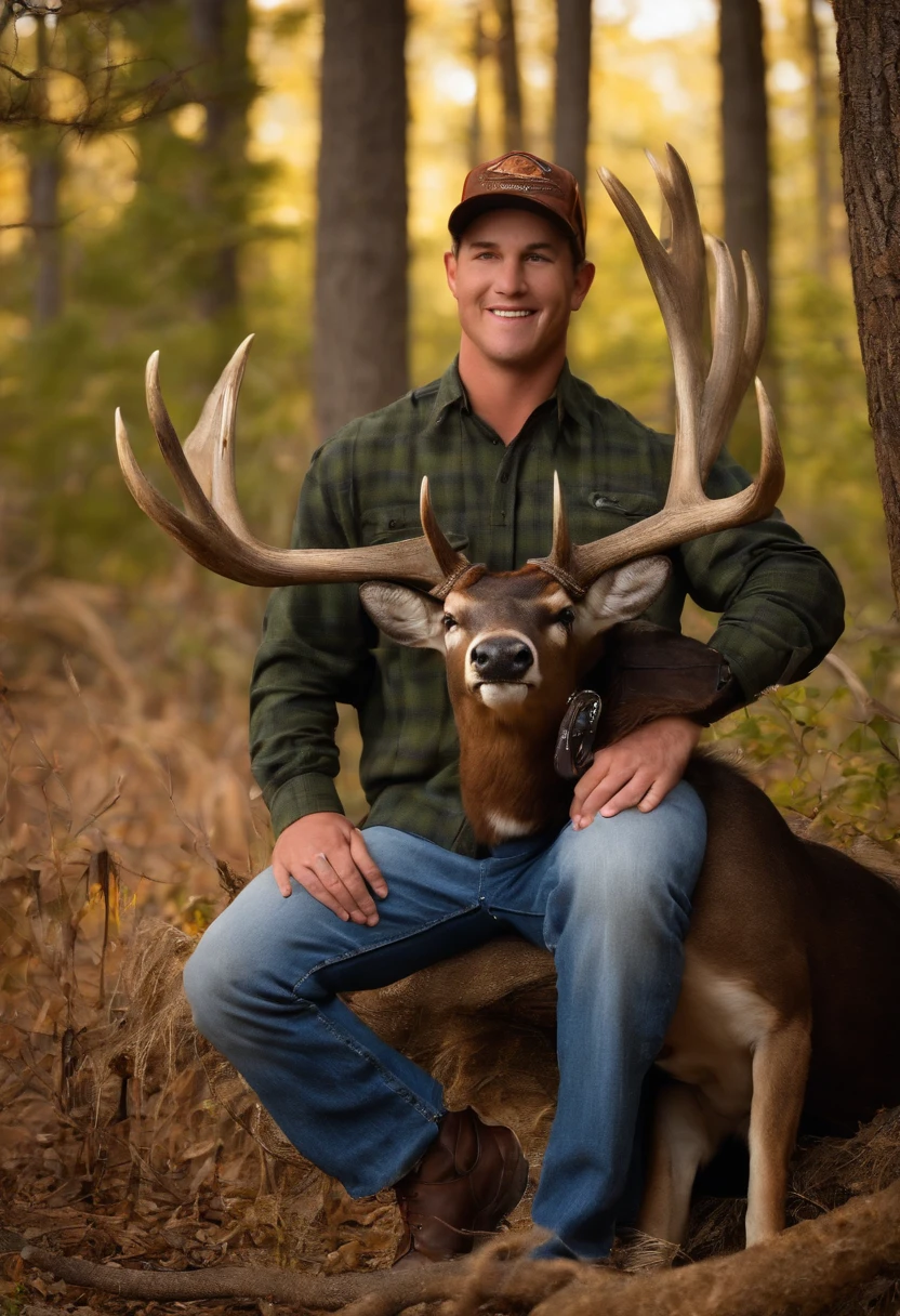 A photo of Cody at his favorite hunting spot, standing proudly next to a massive trophy buck he just hunted.,original,Cody “Thunder” Johnson, a fictional NASCAR legend, hails from the heart of Alabama, embodying the spirit of a true Southern country boy. He sports a rugged, unpolished look, often seen with a baseball cap, a casual flannel shirt, and jeans, his demeanor as relaxed and easy-going as his attire.