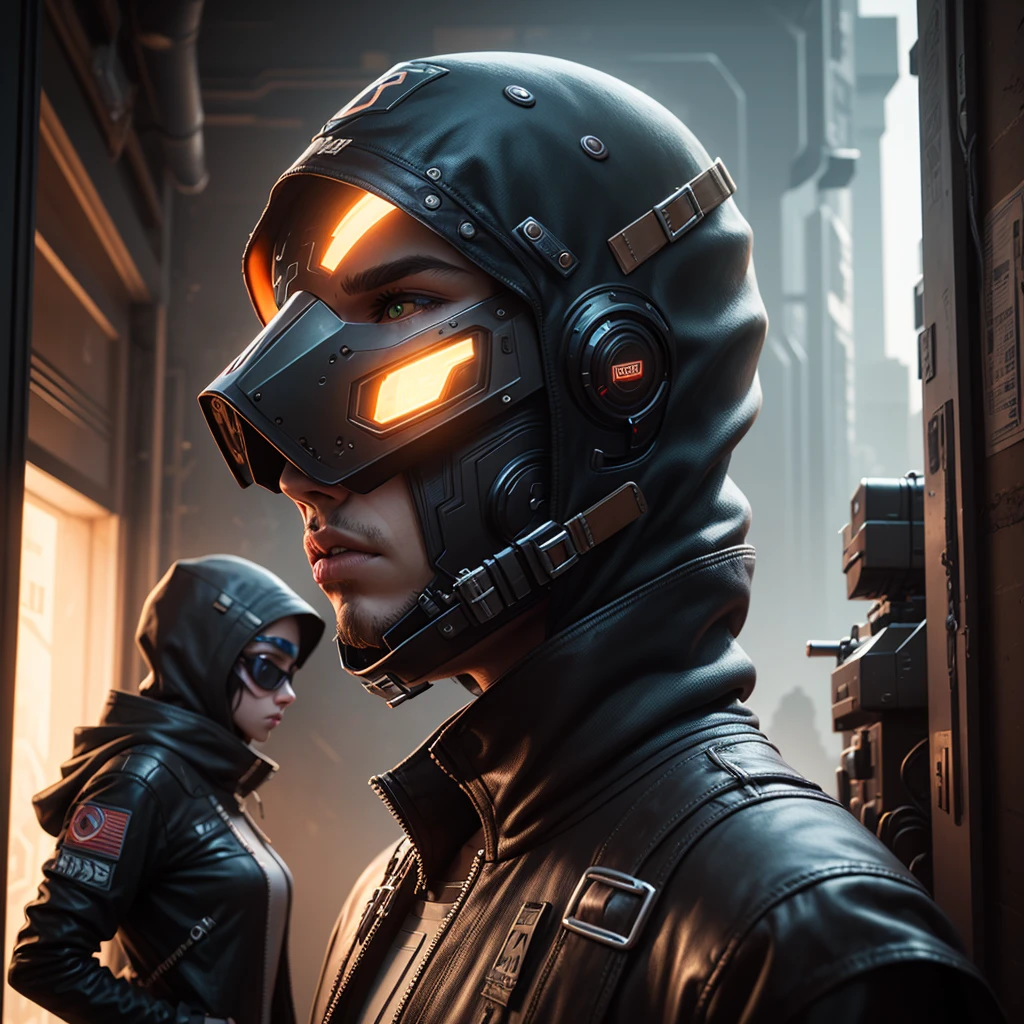 scifi, rogue, renegade, 3d, dark background, cyberpunk, profile, hood on, mask on
