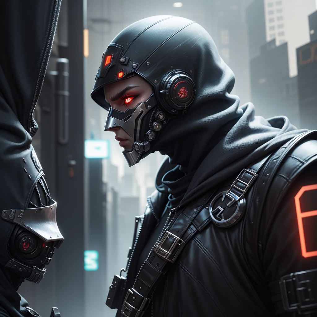 scifi, rogue, renegade, 3d, dark background, cyberpunk, profile, hood on, mask on