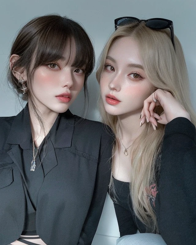 two women with long hair and sunglasses posing for a picture, ulzzang, with pale skin, two models in the frame, lalisa manobal, two girls, nixeu and sakimichan, pale skin and dark eyes, with black, two beautiful anime girls, beautiful gemini twins, beautiful gemini twins portrait, center parted bangs