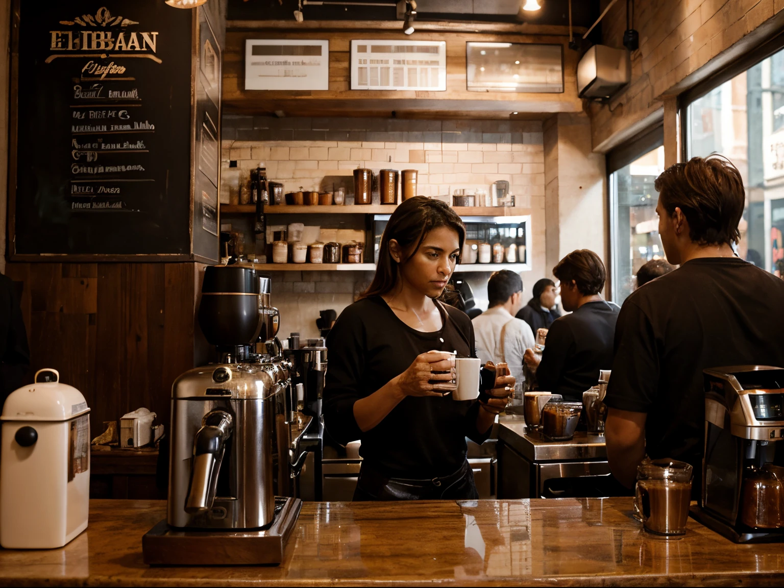 A busy coffee shop during morning rush in a continuous, single-shot setting, echoing the visual style of Birdman, featuring espresso brown, style raw
