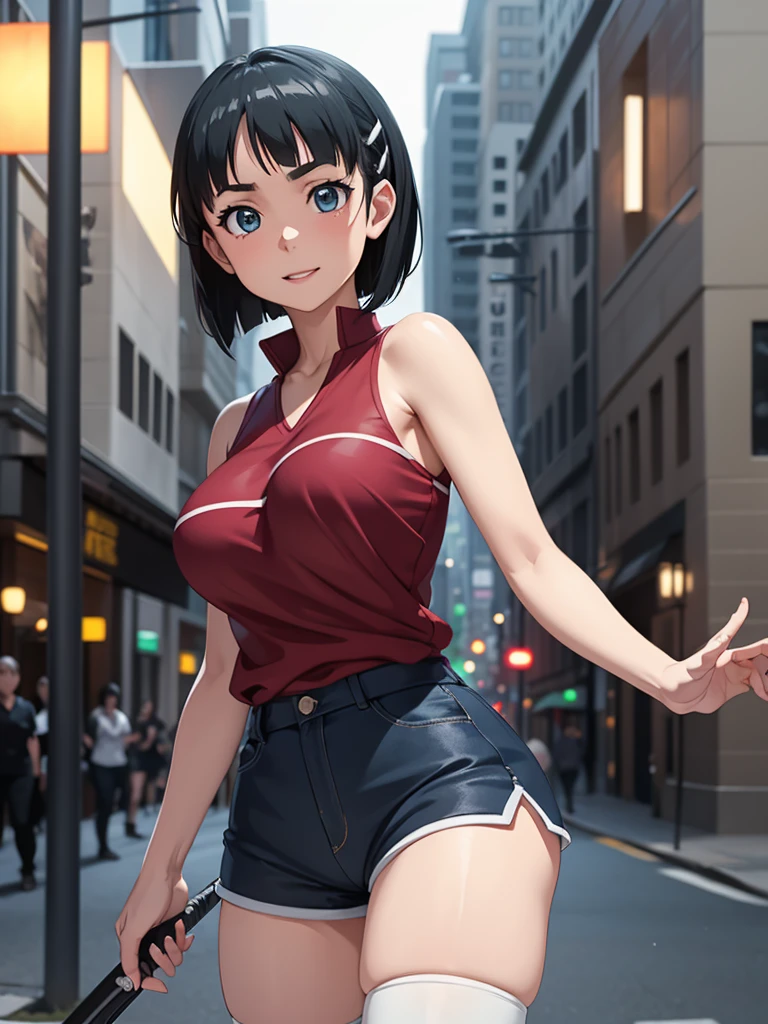 (greatest masterpiece, ultimate quality, ultra-detailed, movie lighting),1girl, solo, super fine illustration, an extremely delicate and beautiful, 8K, 21 years old, short black hair, blue eyes, pale skin, cute smile, wearing tanktop, hot pants, black knee high socks, zettai ryouiki, perfect female body, standing in downtown street, surrounded by crowd of people, dynamic composition, delicate lighting, highly detailed background, Kirigaya Suguha, Suguha, short hair, black hair, dark grey eyes, sword art online, Large breasts, bangs, eyebrows visible through hair, hairclips,