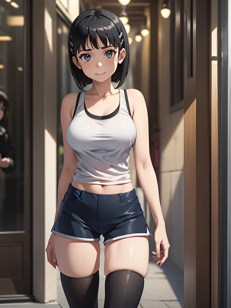 (greatest masterpiece, ultimate quality, ultra-detailed, movie lighting),1girl, solo, super fine illustration, an extremely delicate and beautiful, 8K, 21 years old, short black hair, blue eyes, pale skin, cute smile, wearing tanktop, hot pants, black knee high socks, zettai ryouiki, perfect female body, standing in downtown street, surrounded by crowd of people, dynamic composition, delicate lighting, highly detailed background, Kirigaya Suguha, Suguha, short hair, black hair, dark grey eyes, sword art online, Large breasts, bangs, eyebrows visible through hair, hairclips,