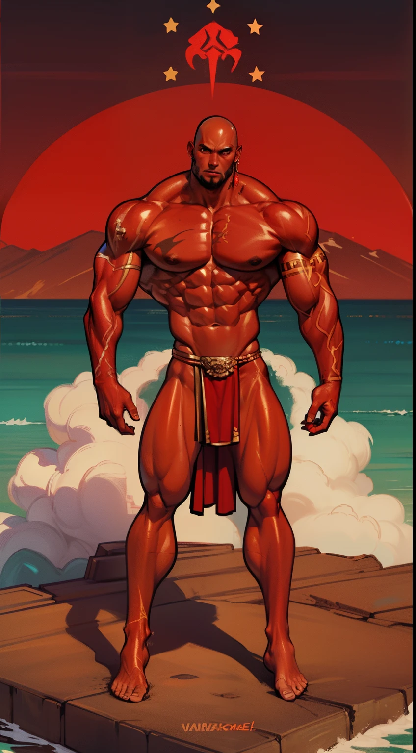 ((Confident pose:1.5)), a painting of a (((muscular))) man with water Aura, large body of water surrounds man, The God Poseidon, ((thick muscular thighs)), The God of the Sea, gold loincloth, divine, ((colored red skin)), colored skin, ((red skin:1.5)),((red face)), ((red legs)), ((red arms)), ((red feet)), Like an Atlantean, ((no hair)), veiny biceps, chiseled abs, muscular legs, bald head, masterpiece, 8k
