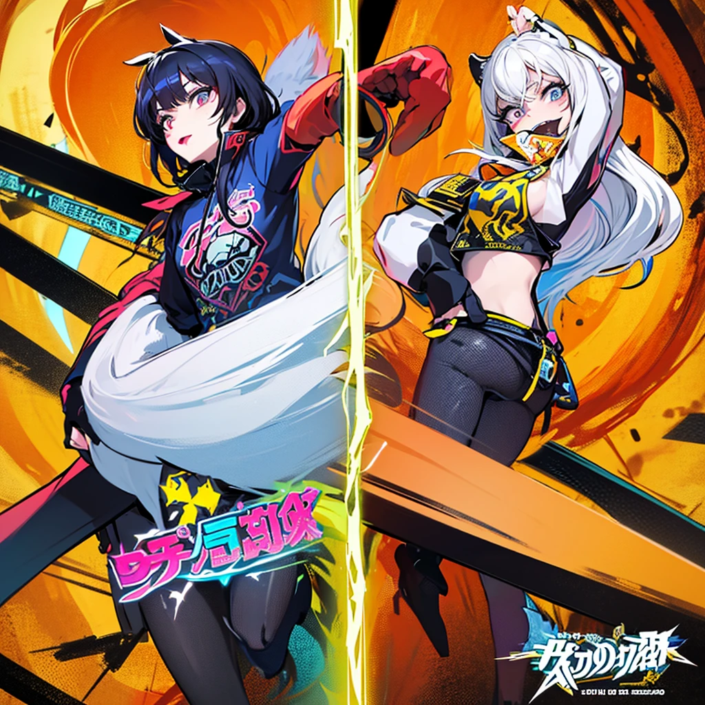 ((((spectacular))) ((heroic)) (((intense))),background, mixed-language_text, Japanese letters in graffit ,girls, excellent lighting, sidelighting, (), vhsKeeper,, style GUILTY GEAR -STRIVE perfect ultimate (flat color: 1.3), (magazine_cover: 1.4), (multicolored_background: 1.3), striped_background, card_background, :: comix style by joe madureira :: circular pieces of white metals glued to the arms coming out shimmering yellow glow, big breast , perfect and detailed, ultra detailed shirt with abstract design and with Japanese letter print in graphite of the sides of the clothing, image of full-body girls fighting next to you with powerful dragons versus alien creature full of tentacles, with immersive effects, hover effect, background style graffiti tribal tattoo with vibrant colors "HDR ultra" detailed and with focus effect, (masterpiece: 1.2, best quality), (finely detailed beautiful eyes: 1.2), , ((Solo)), (Finely detailed eyes and detailed face:1.3), in various full-body attack poses, (cute background: 1.2),futuristic costume, super detailed circular metals Grabbed at arms and pants, fantastic paintings, eyes absolutely, hyper detailed, highest resolution, hair covering eyes, beautiful face, open mouth with a soft pink lipstick, beautiful eyes, vibrant colors, night, digital art of the highest quality, stunning art, 4k,8k,64k wallpaper, HD, incomparable masterpiece, dynamic lighting, cinematic, epic