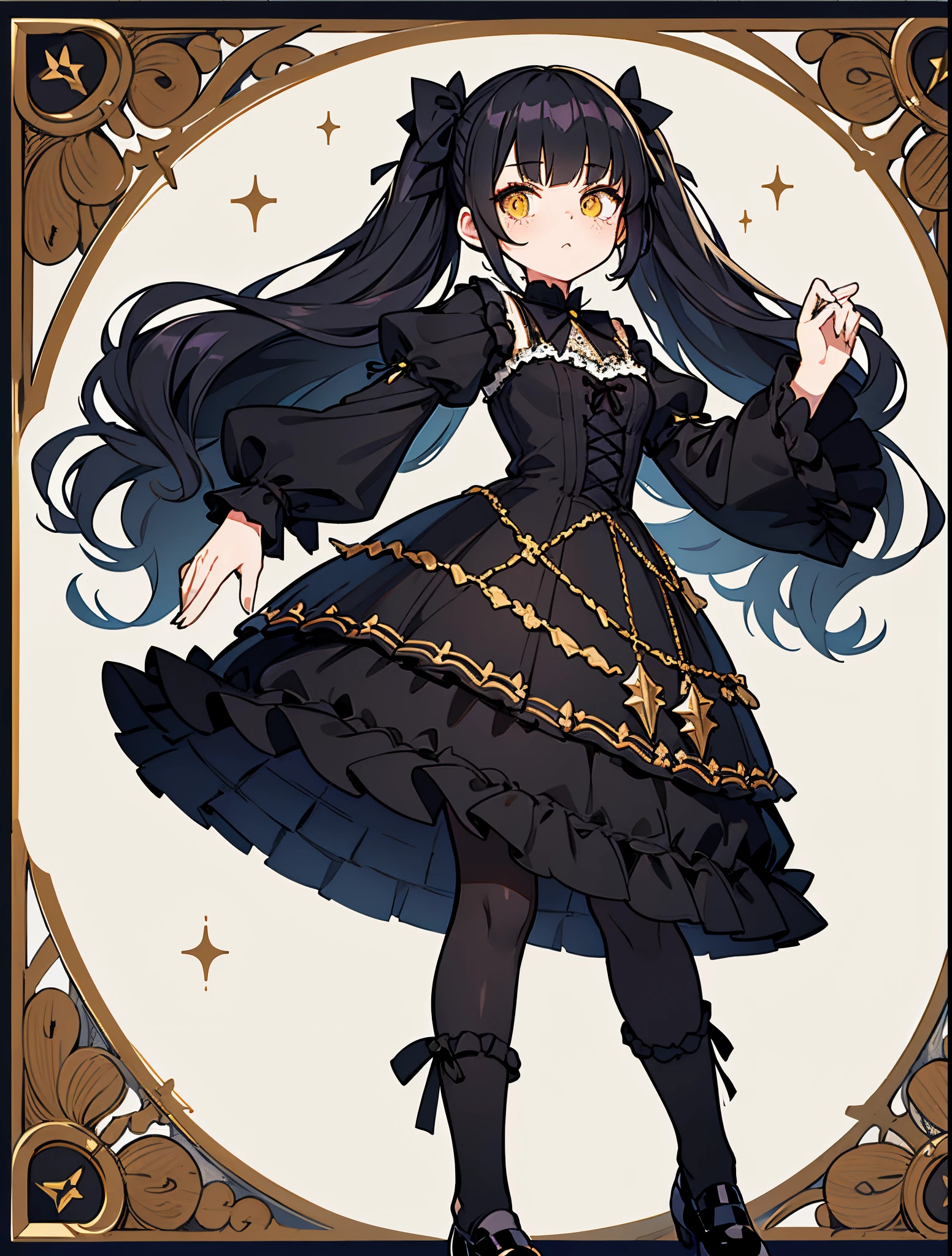 Raven black hair with black bangs that frames her delicate face. Her eyes are vibrant yellowy gold. She has freckles across her cheeks.
Costume: She opts for a Gothic Lolita dress in shades of black and white, with intricate lace and satin ribbons. Her dress features a corseted bodice and a full, layered skirt. She wears black knee-high stockings, and black Mary Jane shoes adorned with black bows.