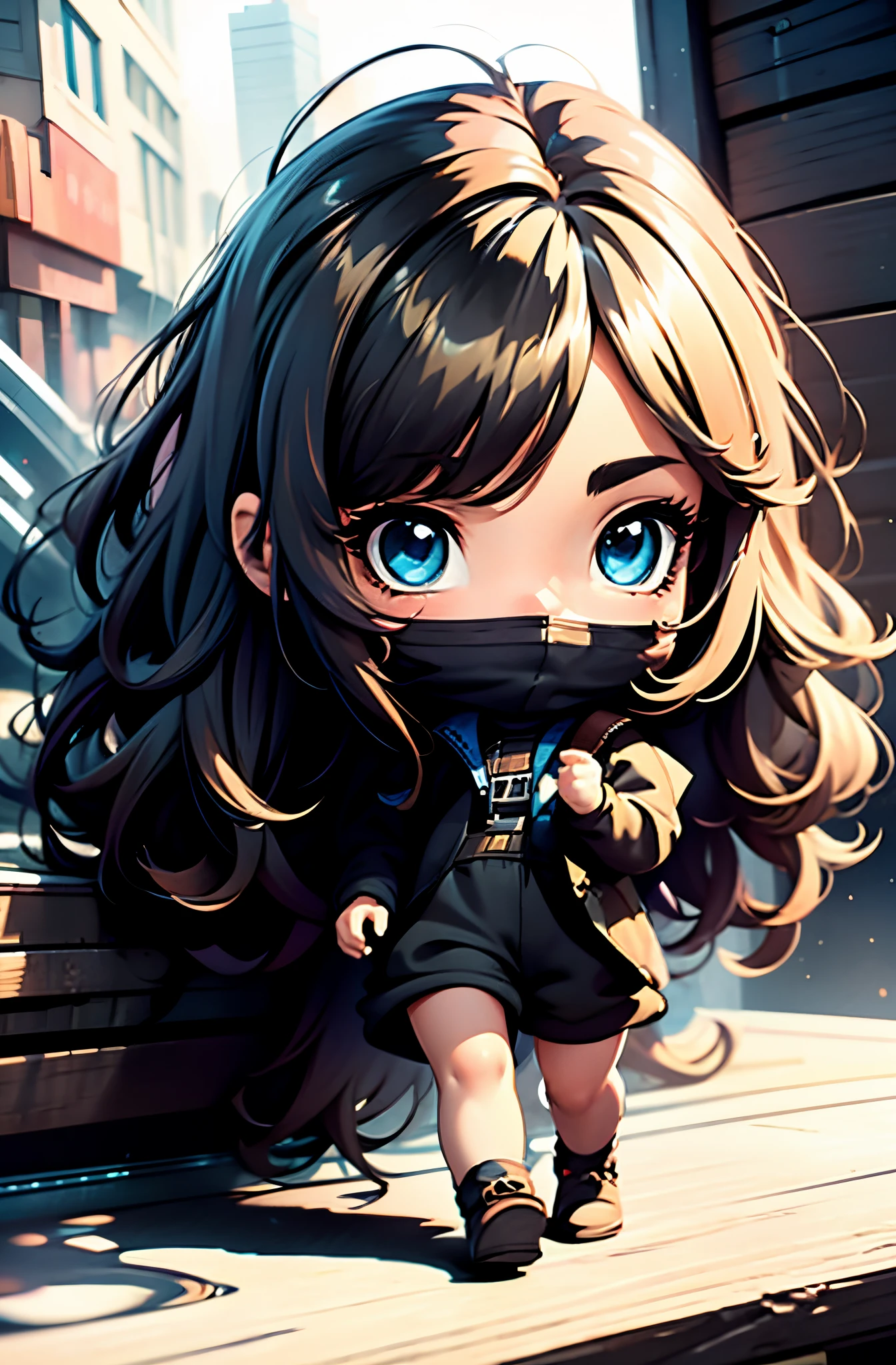 (chibi doll:1.22),(best quality,4k,8k,highres,masterpiece:1.2),ultra-detailed,(realistic,photorealistic,full body,photo-realistic:1.37),Chibi Doll,beautiful detailed eyes,beautiful detailed lips,extremely detailed eyes and face,longeyelashes,brown hair,blue eyes,girl wearing black clothes,blue mask,cute,anime style,vibrant colors,soft lighting