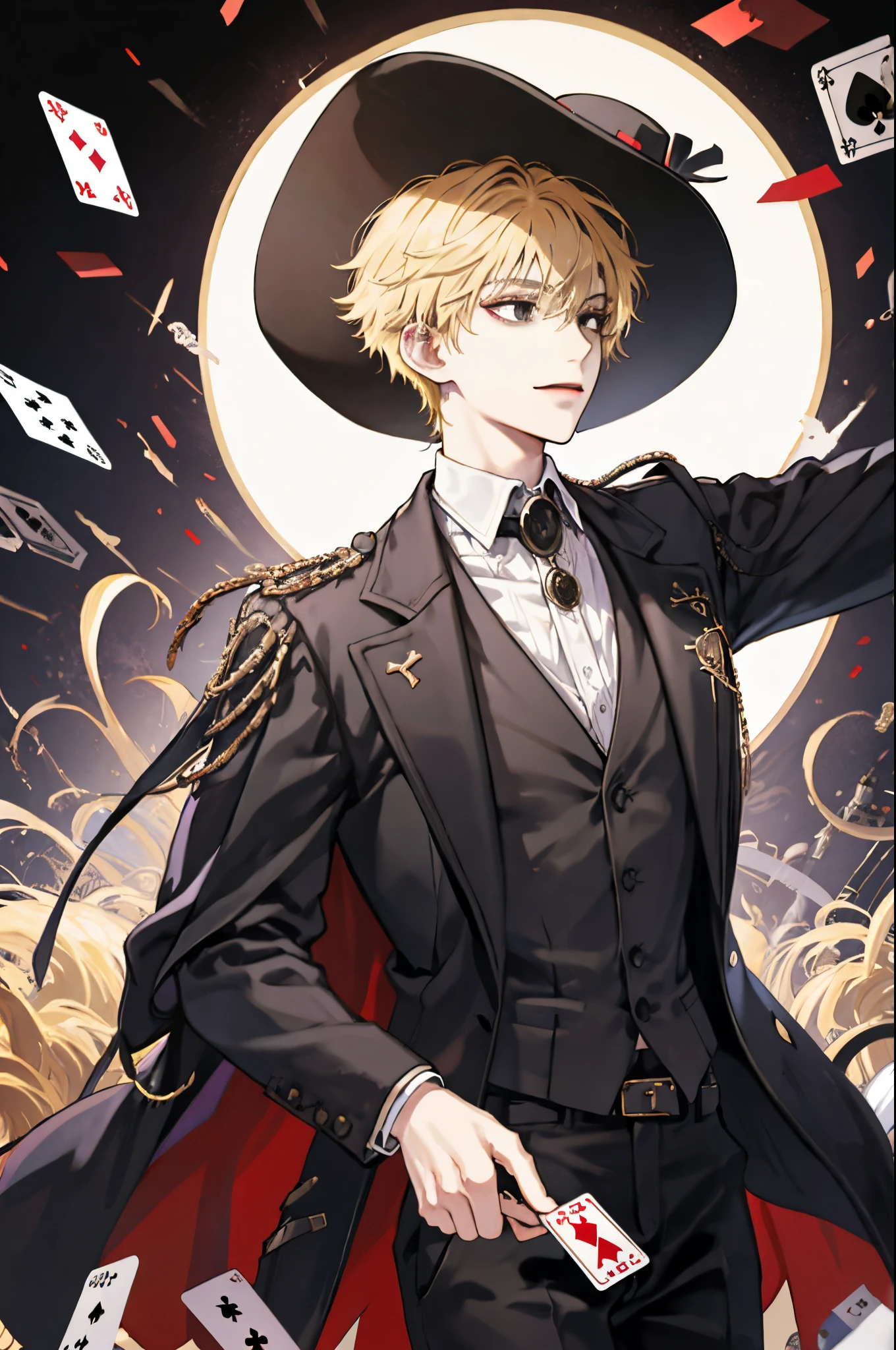 young boy, short curly blonde hair, black eyes, , , magician hat, Magician's jacket, Magician Form, cane, playing cards, a joker, Masterpiece, hiquality, 4k, HD, Good detail